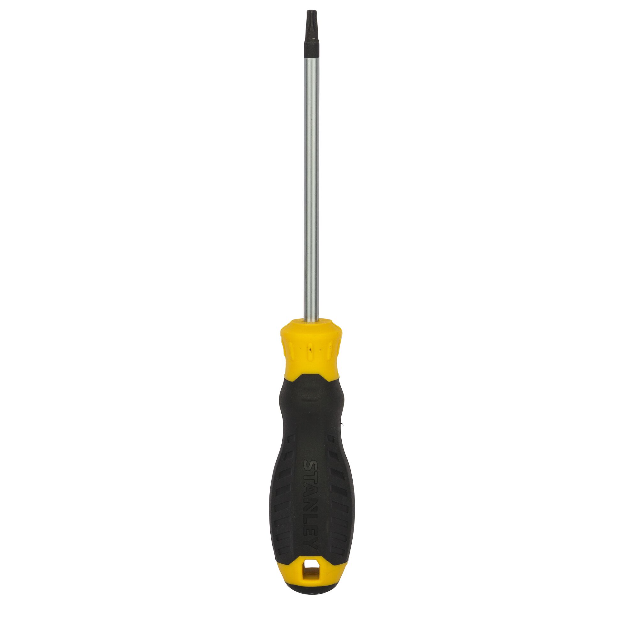 Photo of STANLEY STMT60847-8 screwdriver with black and yellow handle, front view, white background.