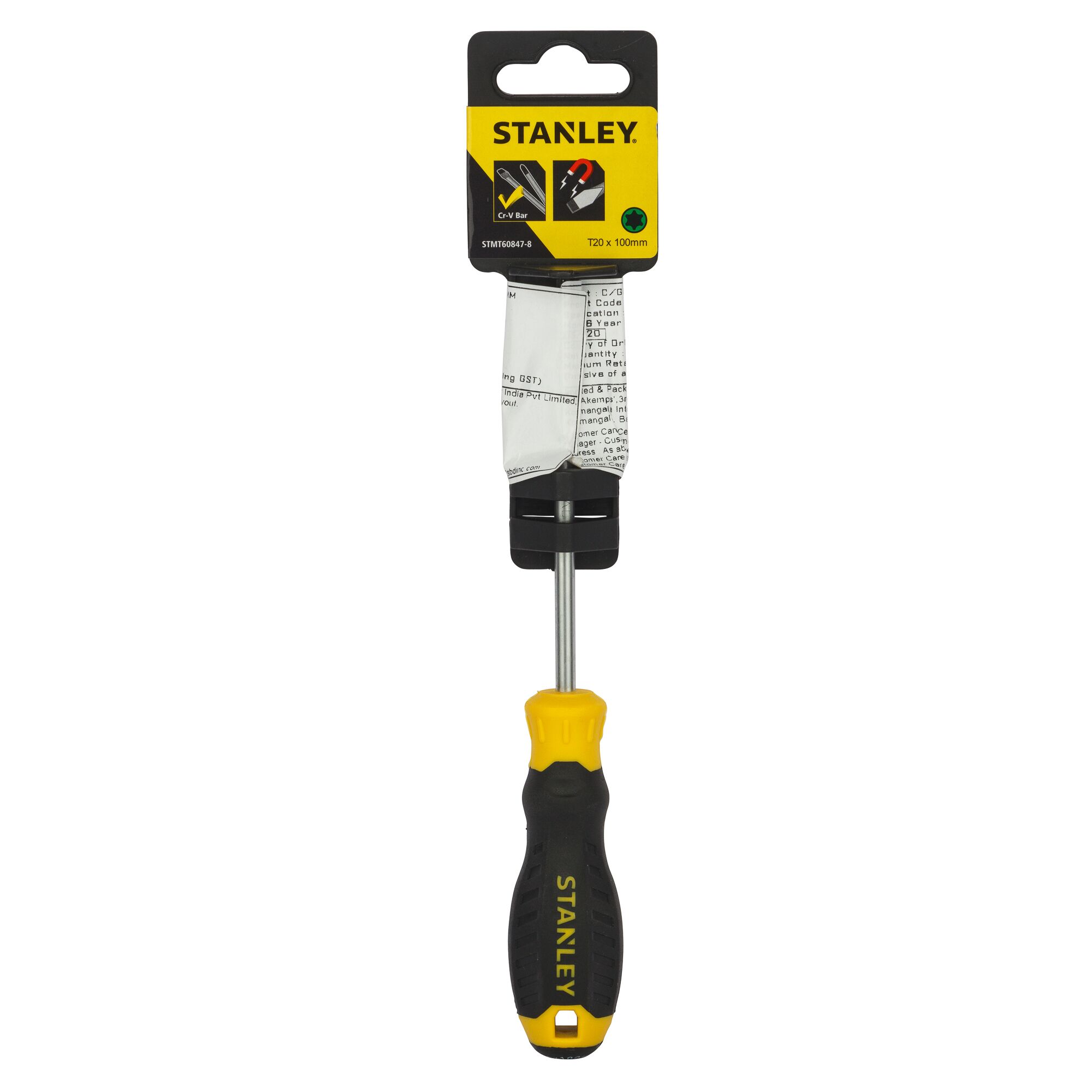STANLEY STMT60847-8 T20 screwdriver front view, black and yellow handle, packaging attached.