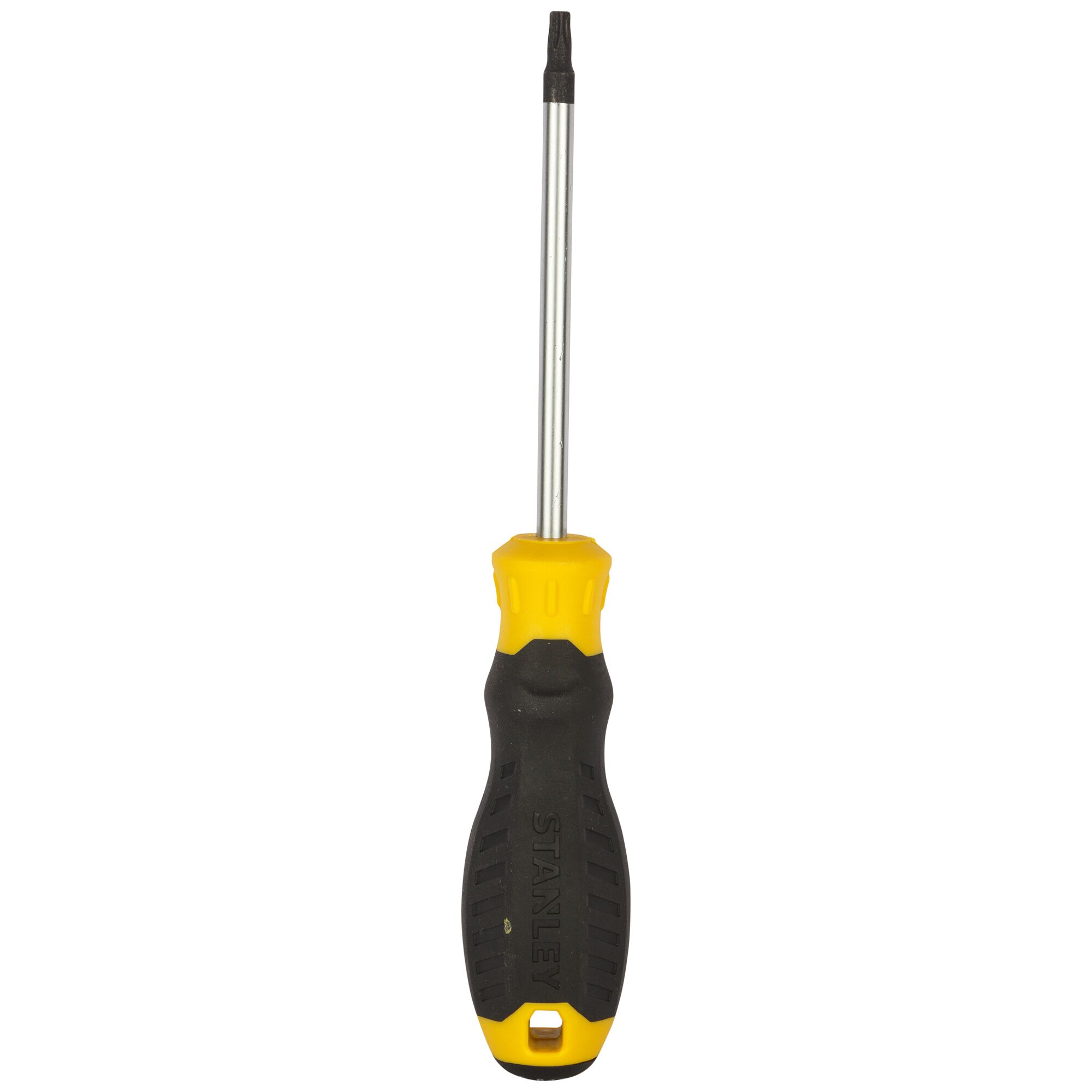 Photo of STANLEY STMT60848-8 screwdriver with yellow and black handle, front angle, on white background.