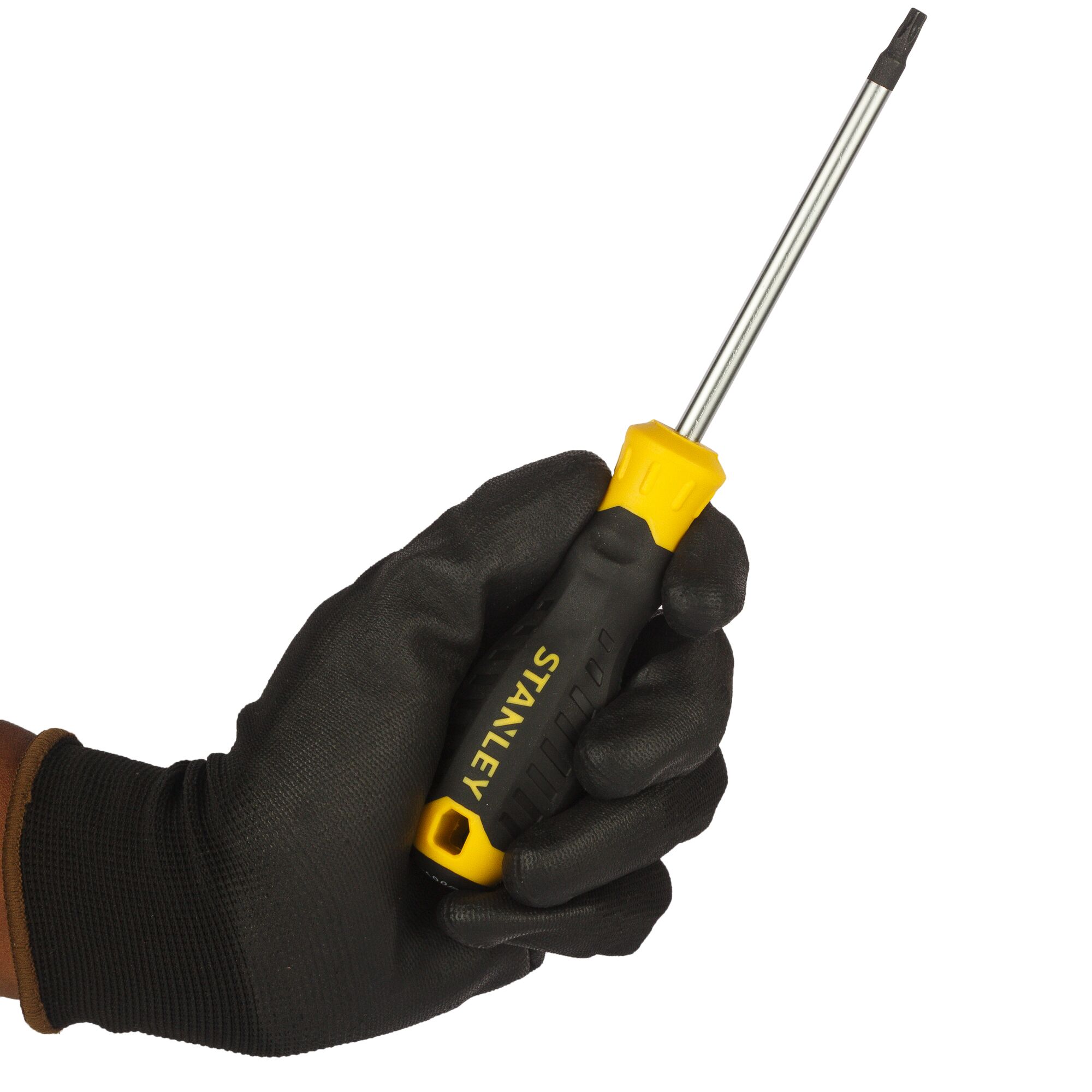 Photo of STANLEY STMT60848-8 screwdriver with yellow and black handle held by gloved hand, side angle.