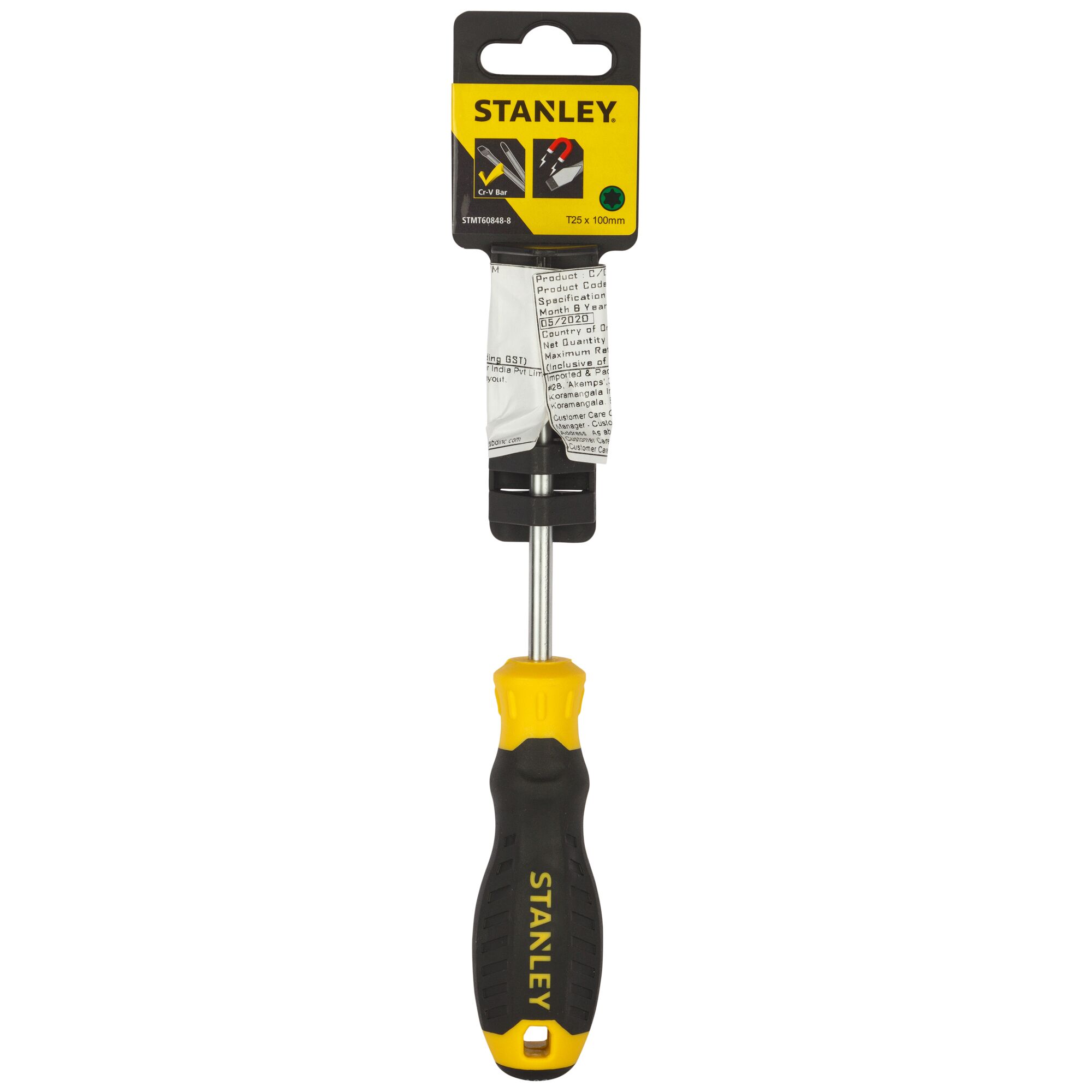Stanley STMT60848-8 pry bar with black and yellow handle, front angle on white background.