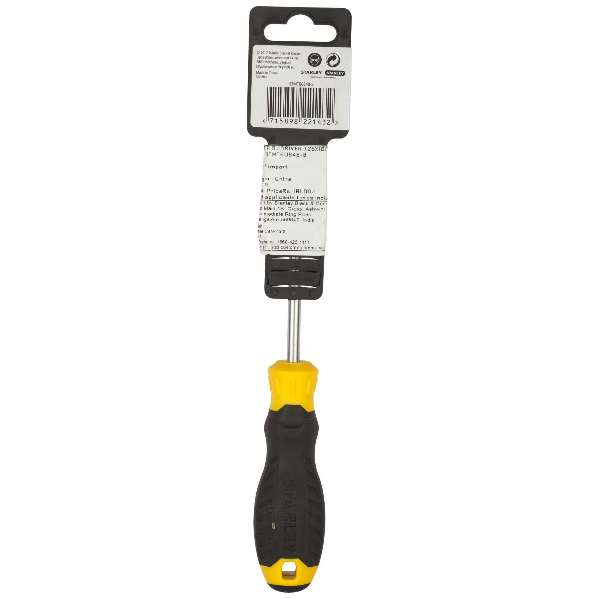 Stanley STMT60848-8 screwdriver with black and yellow handle, front view on white background.