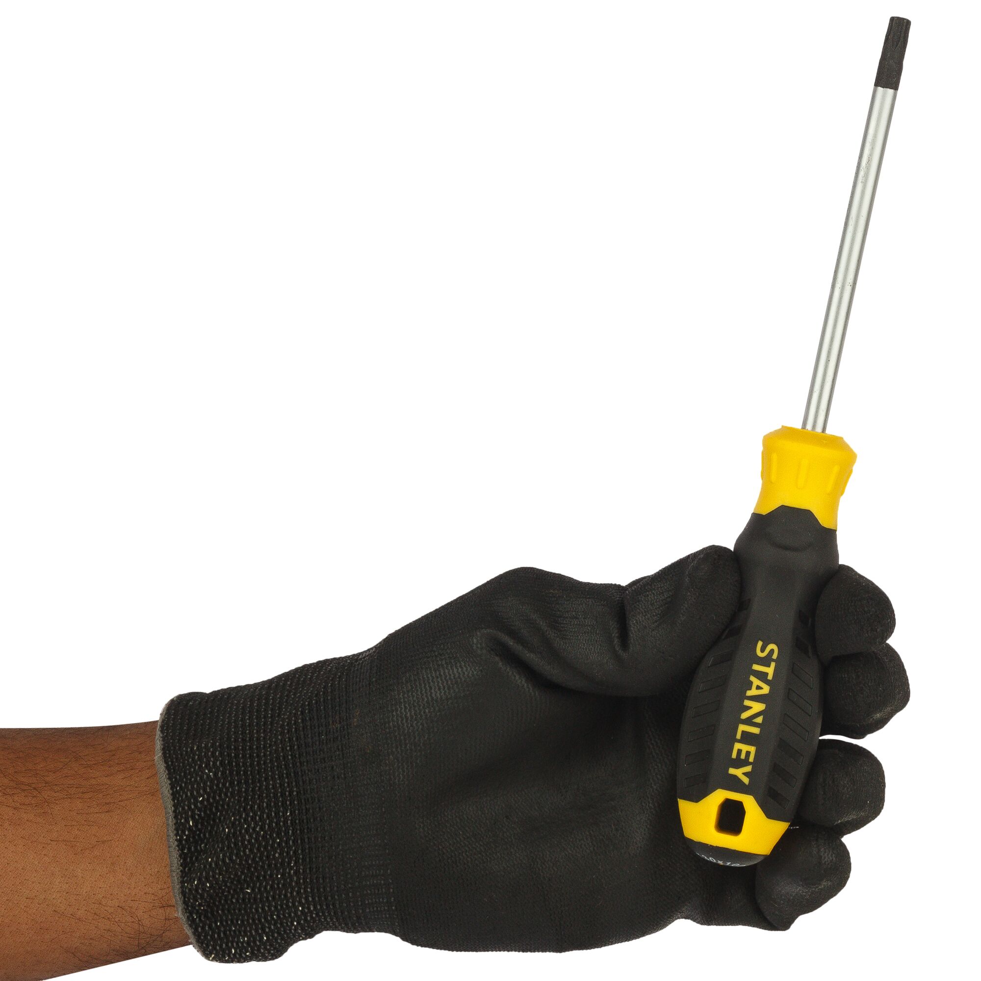 STANLEY STMT60850-8 flathead screwdriver in black glove, side angle photography