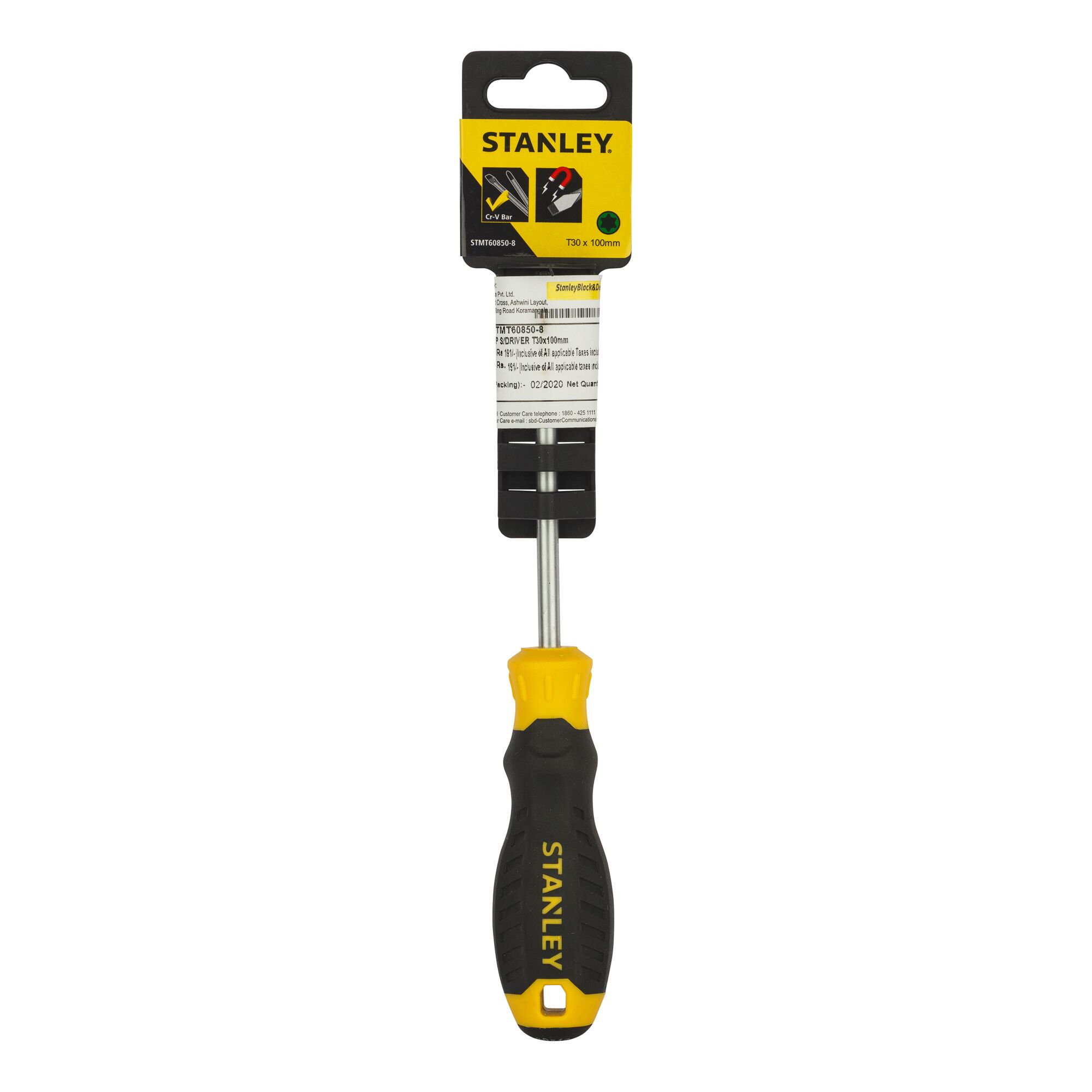 STANLEY STMT60850-8 screwdriver with black and yellow ergonomic handle, photographed front view on white background.
