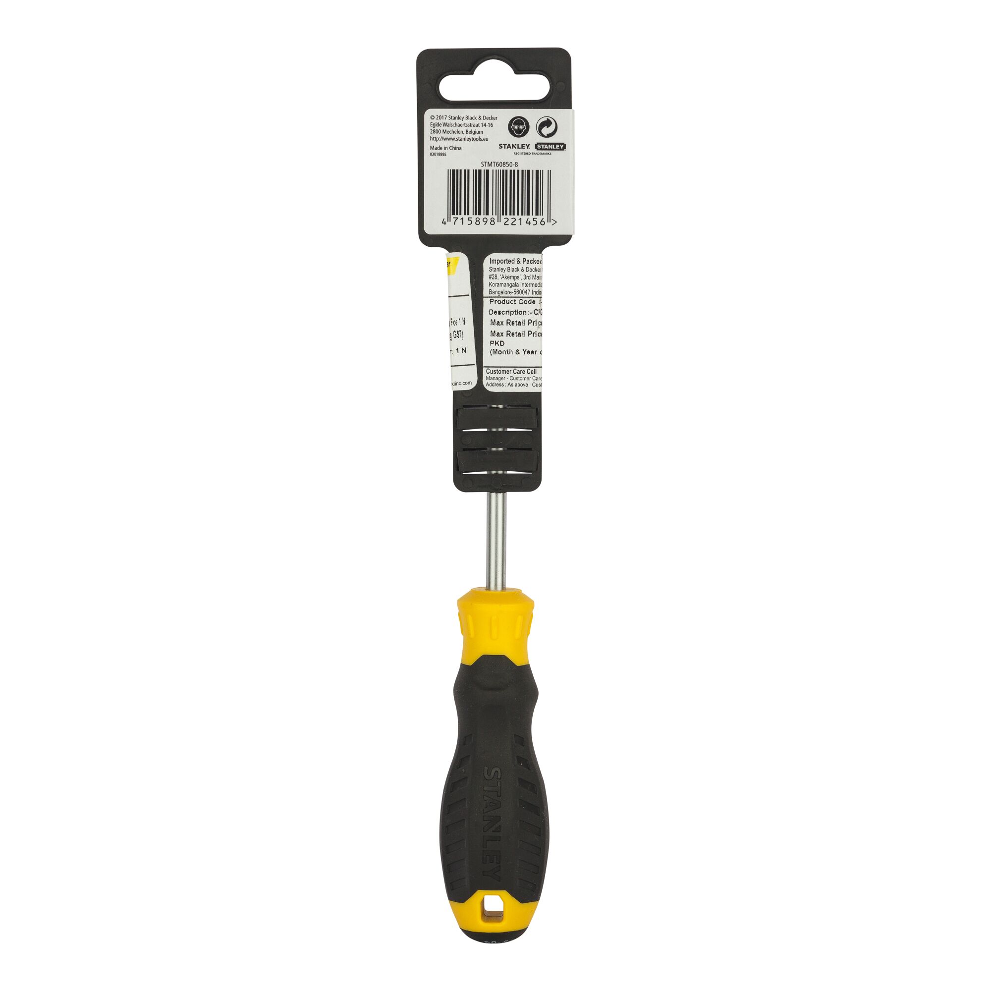 STANLEY STMT60850-8 screwdriver with black and yellow handle, vertical front angle, on white background.