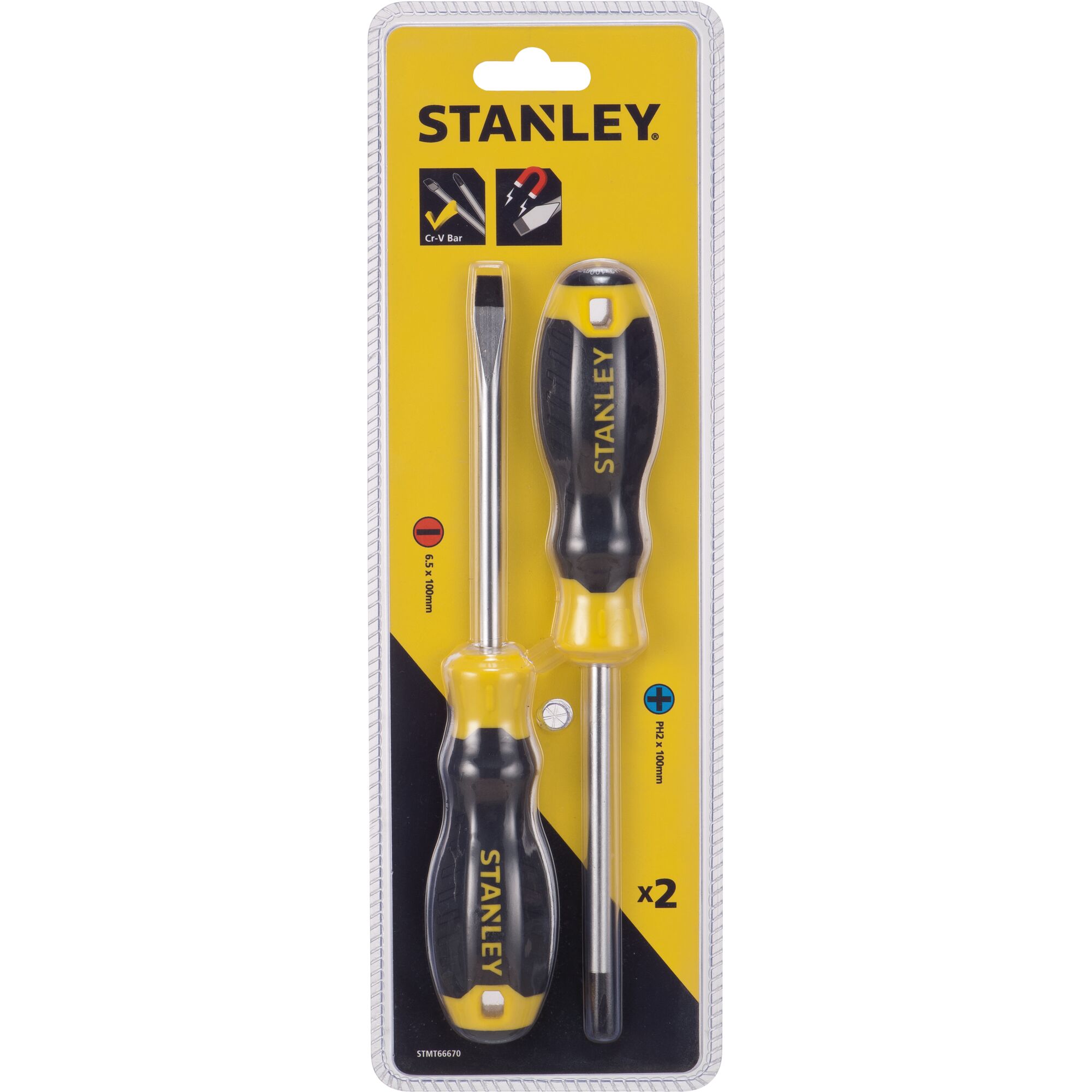 Stanley STMT66670 screwdriver set, two black and yellow screwdrivers in packaging, photography, front angle.