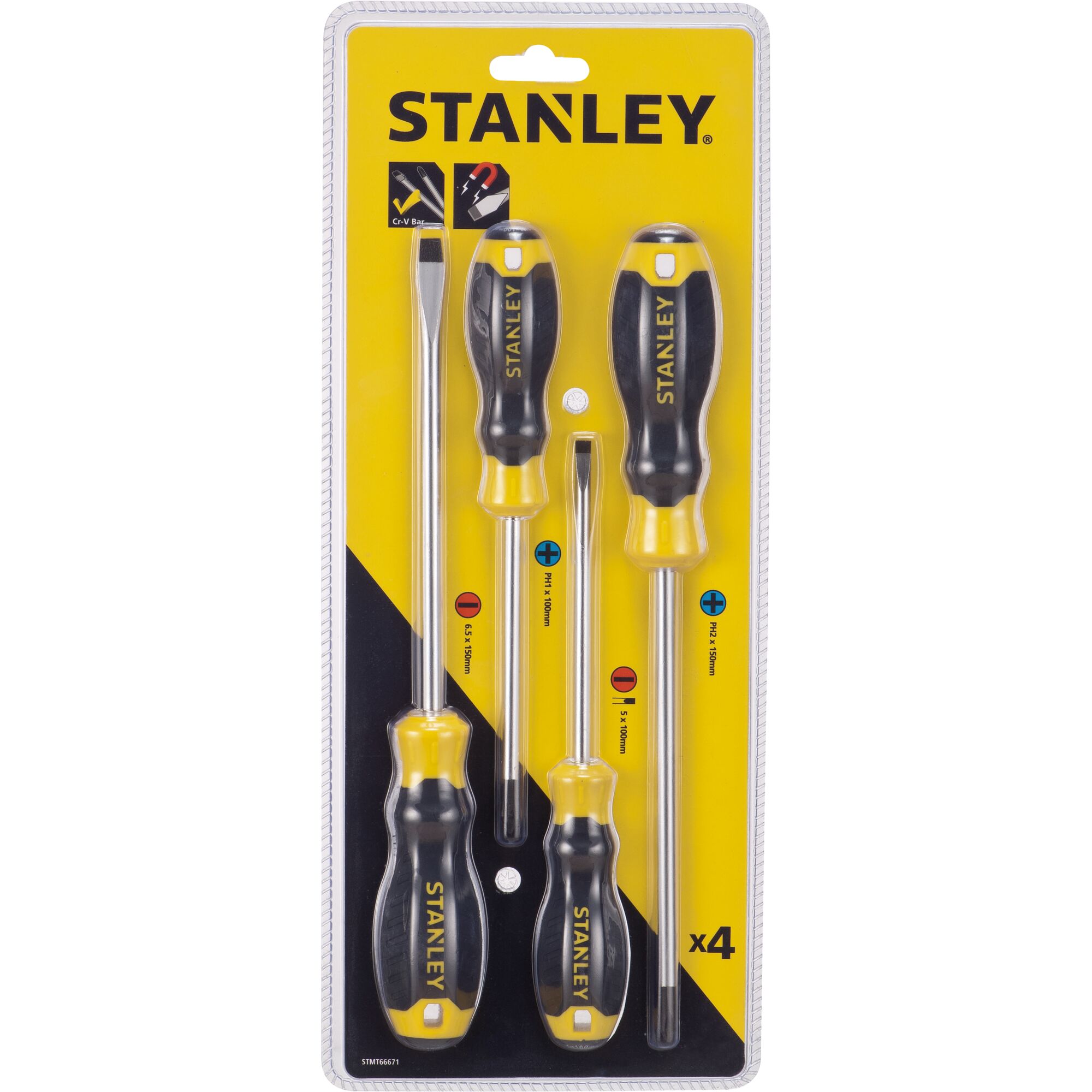 STANLEY STMT66671 screwdriver set, pack of four, black and yellow handles, front view on white background.
