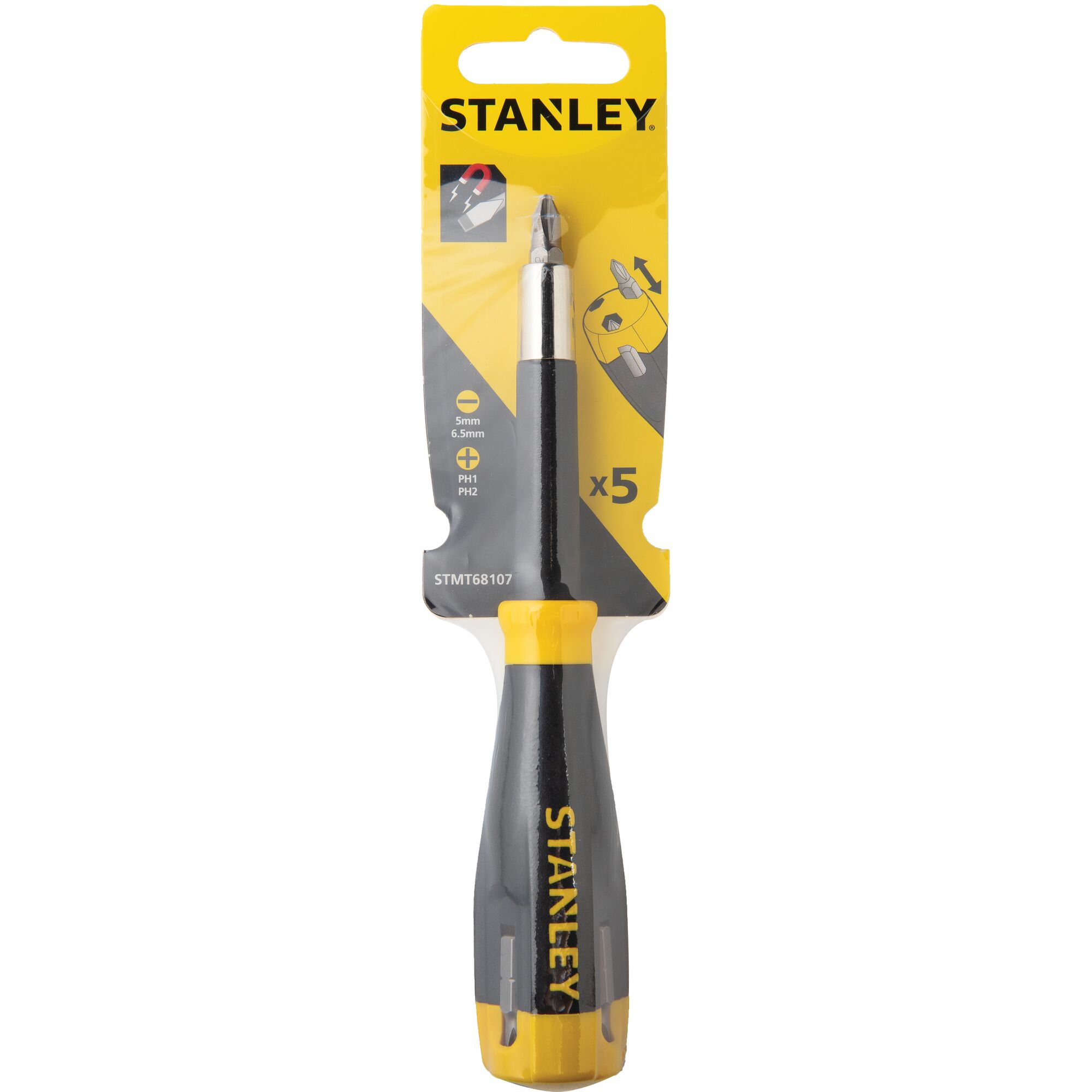 STANLEY STMT68107 screwdriver set in yellow and black packaging, front angle, five interchangeable bits.
