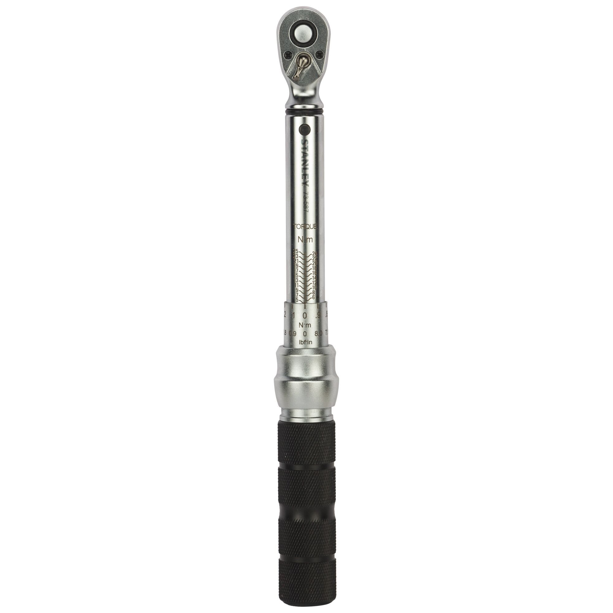 STANLEY STMT73587-8 torque wrench with black textured handle, photography, front angle on white background.