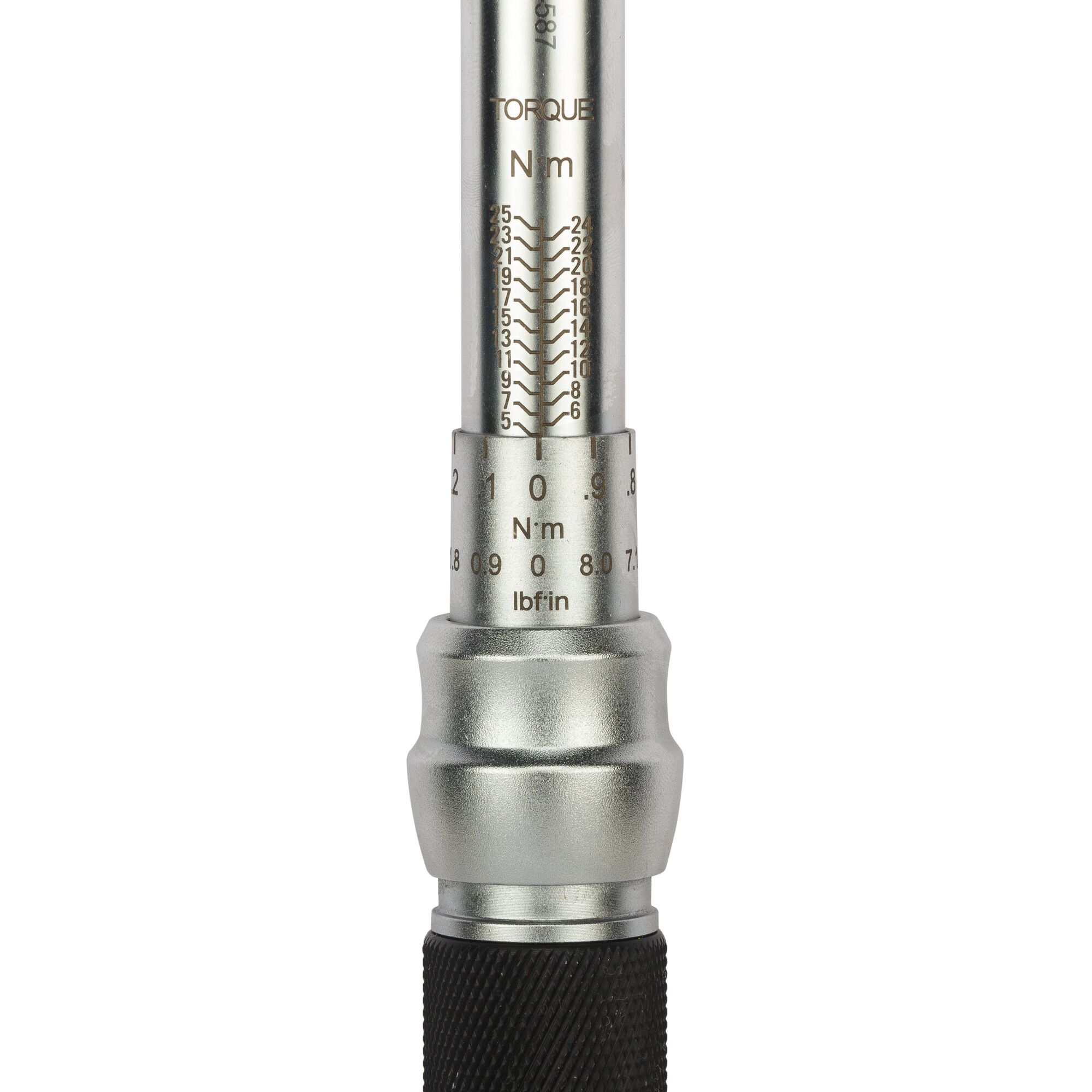 STANLEY STMT73587-8 torque wrench close-up, showing dual scale in Nm and lbf·in, black knurled handle, front angle.