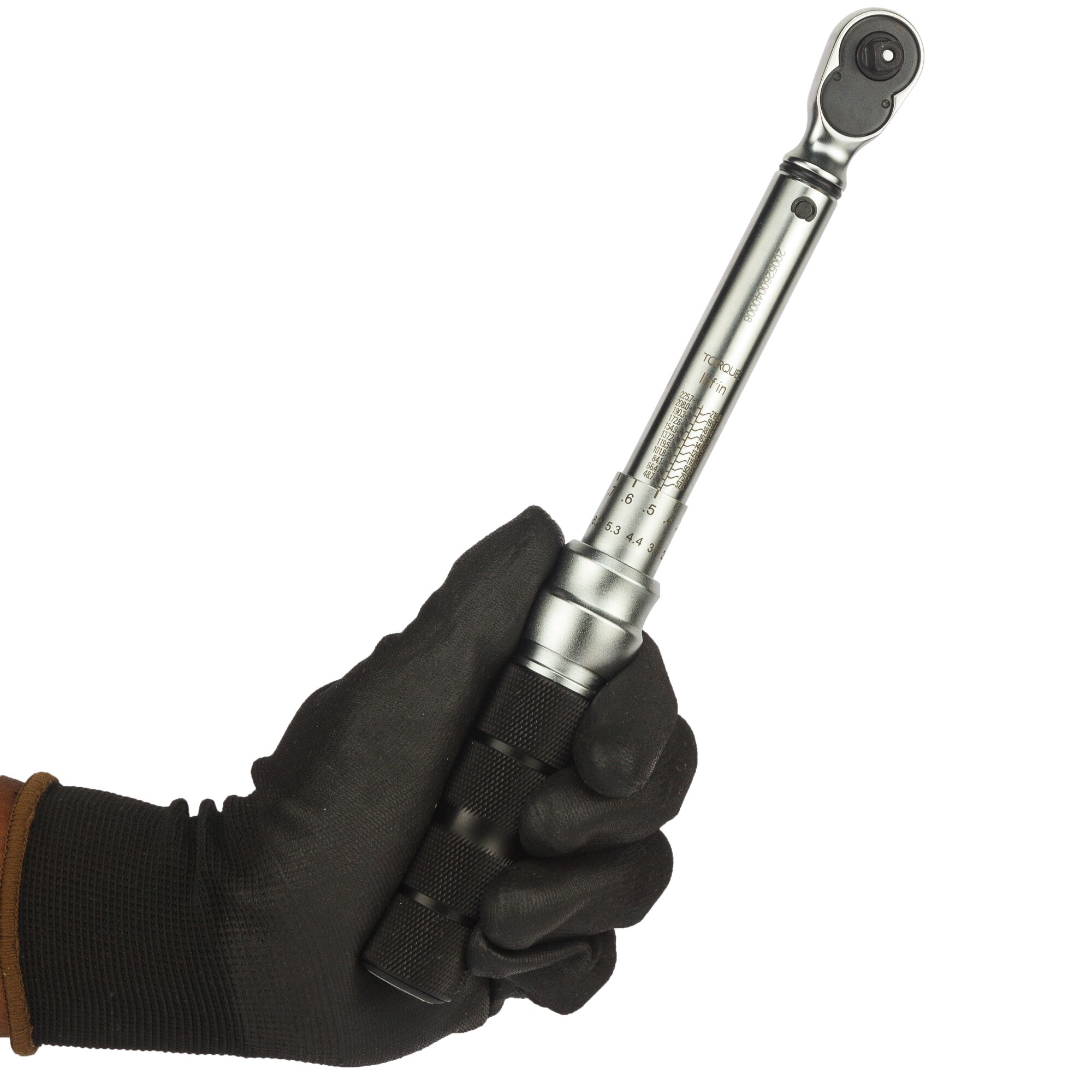 STANLEY STMT73587-8 torque wrench held in gloved hand, side angle, silver metal finish.