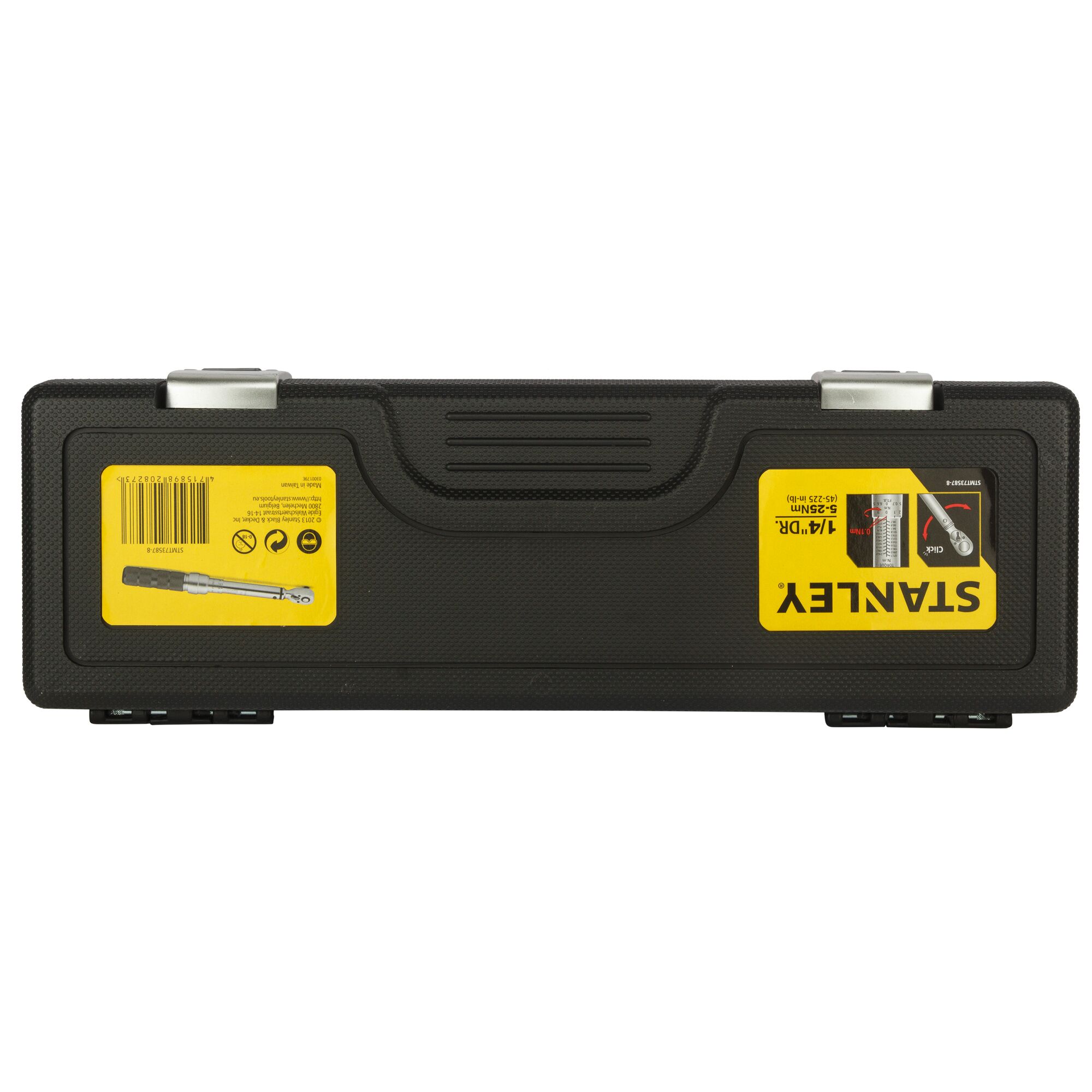STANLEY STMT73587-8 black hard plastic tool case with yellow STANLEY label, shown from front on white background.