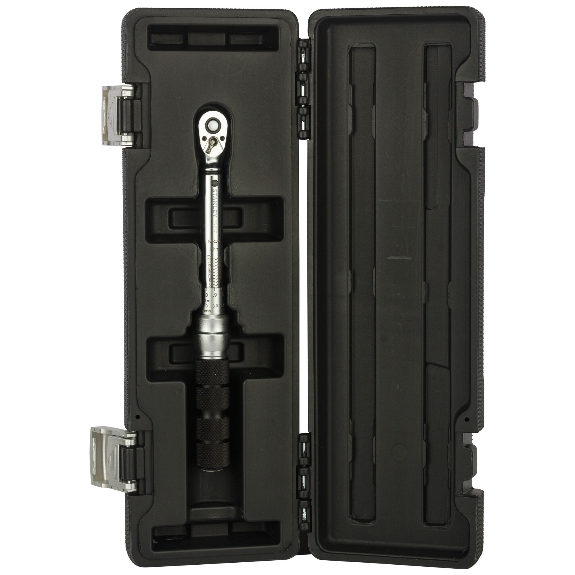 STANLEY STMT73587-8 torque wrench in black hard case, top view.