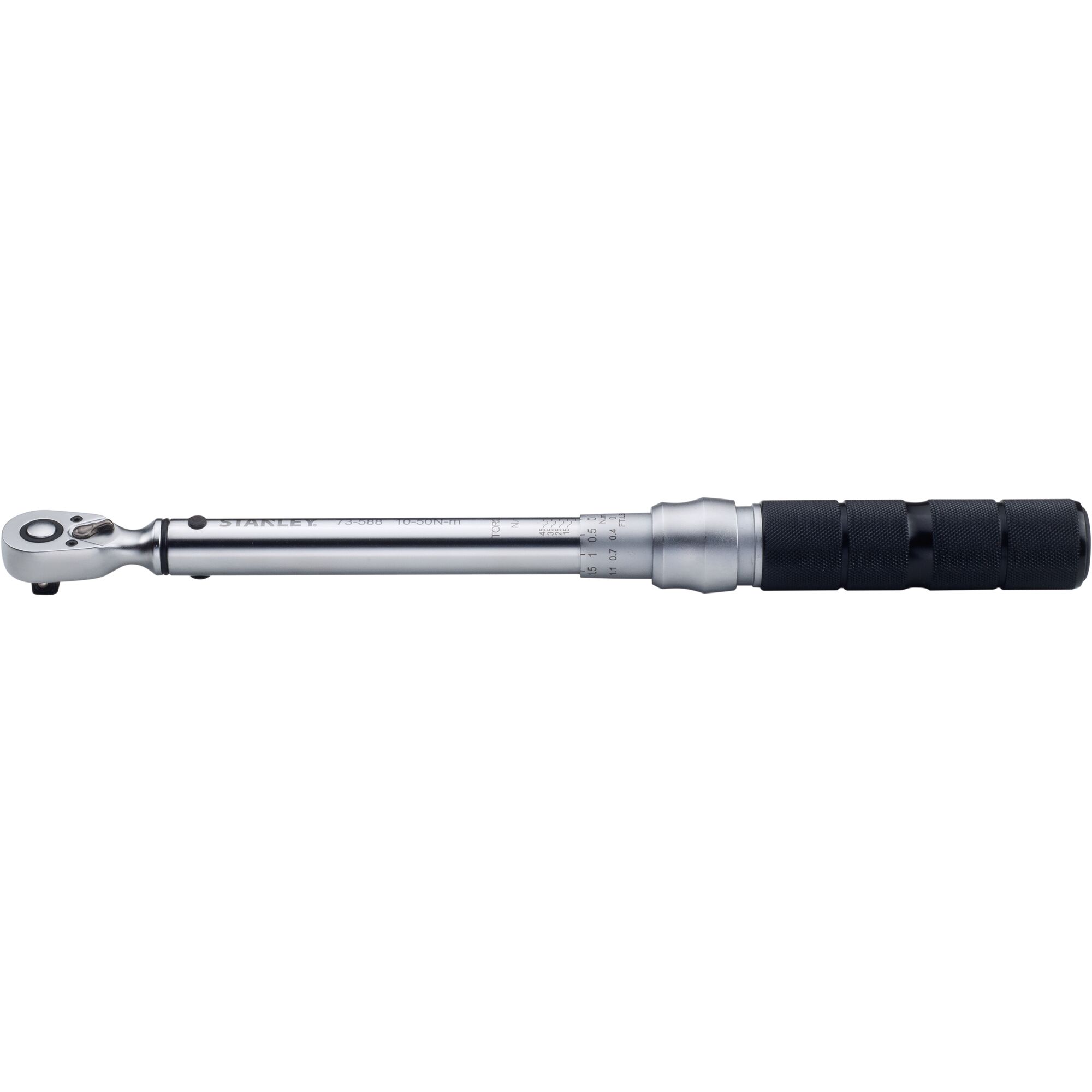 Stanley STMT73588-8 torque wrench, silver with black grip, side view on white background.