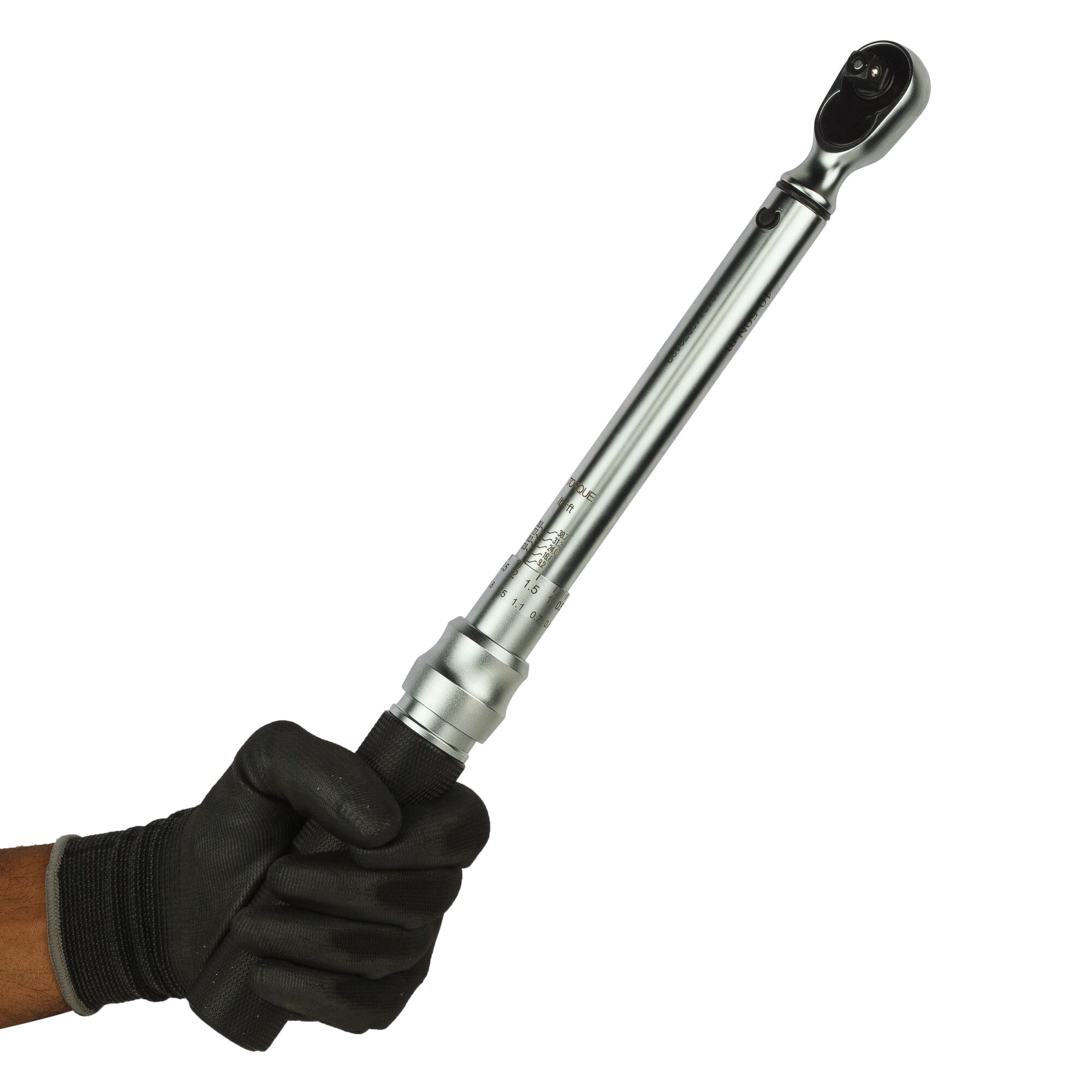 STANLEY STMT73588-8 torque wrench held in a gloved hand, side angle, metallic finish.