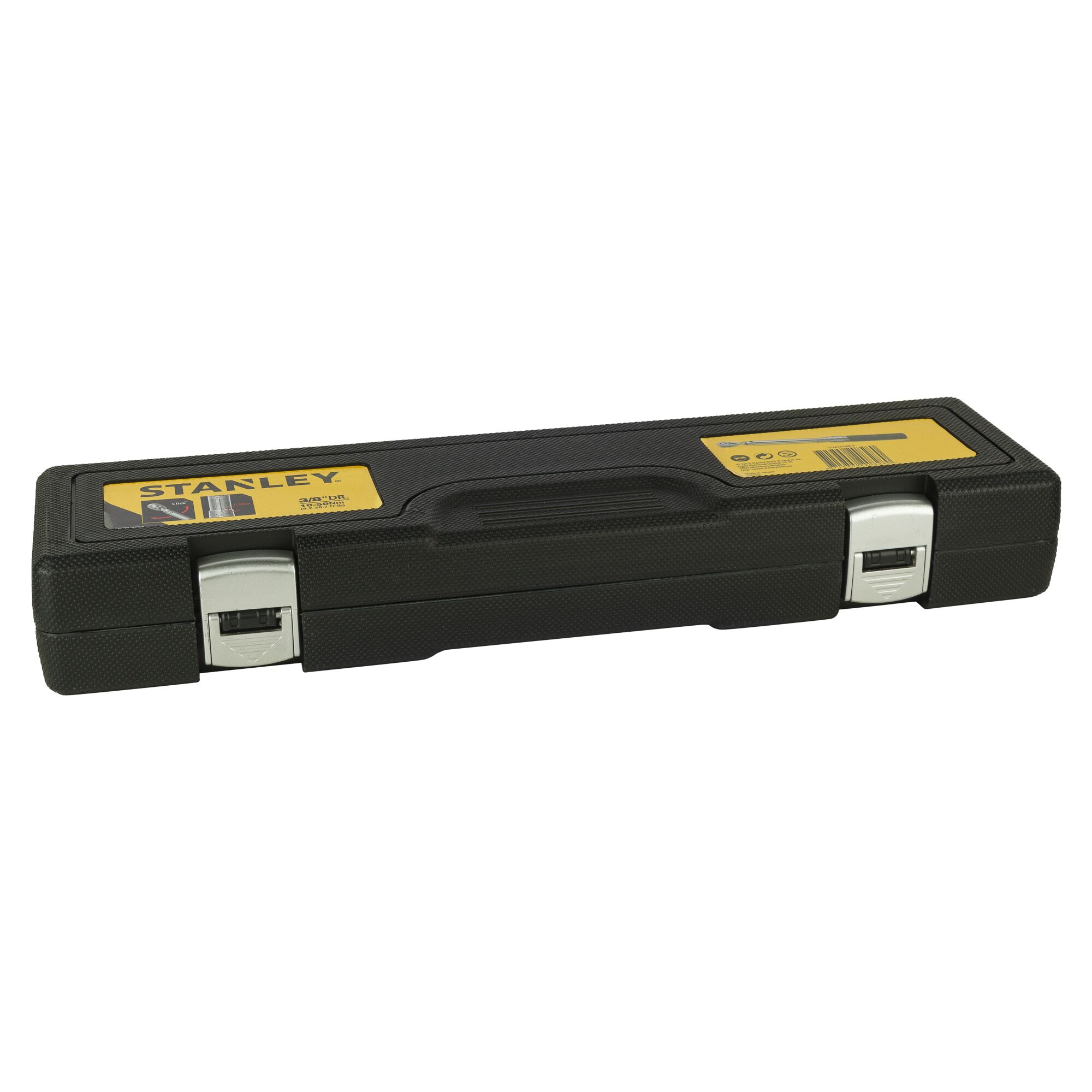 STANLEY STMT73588-8 black hard tool case with yellow label, front angle on white background.