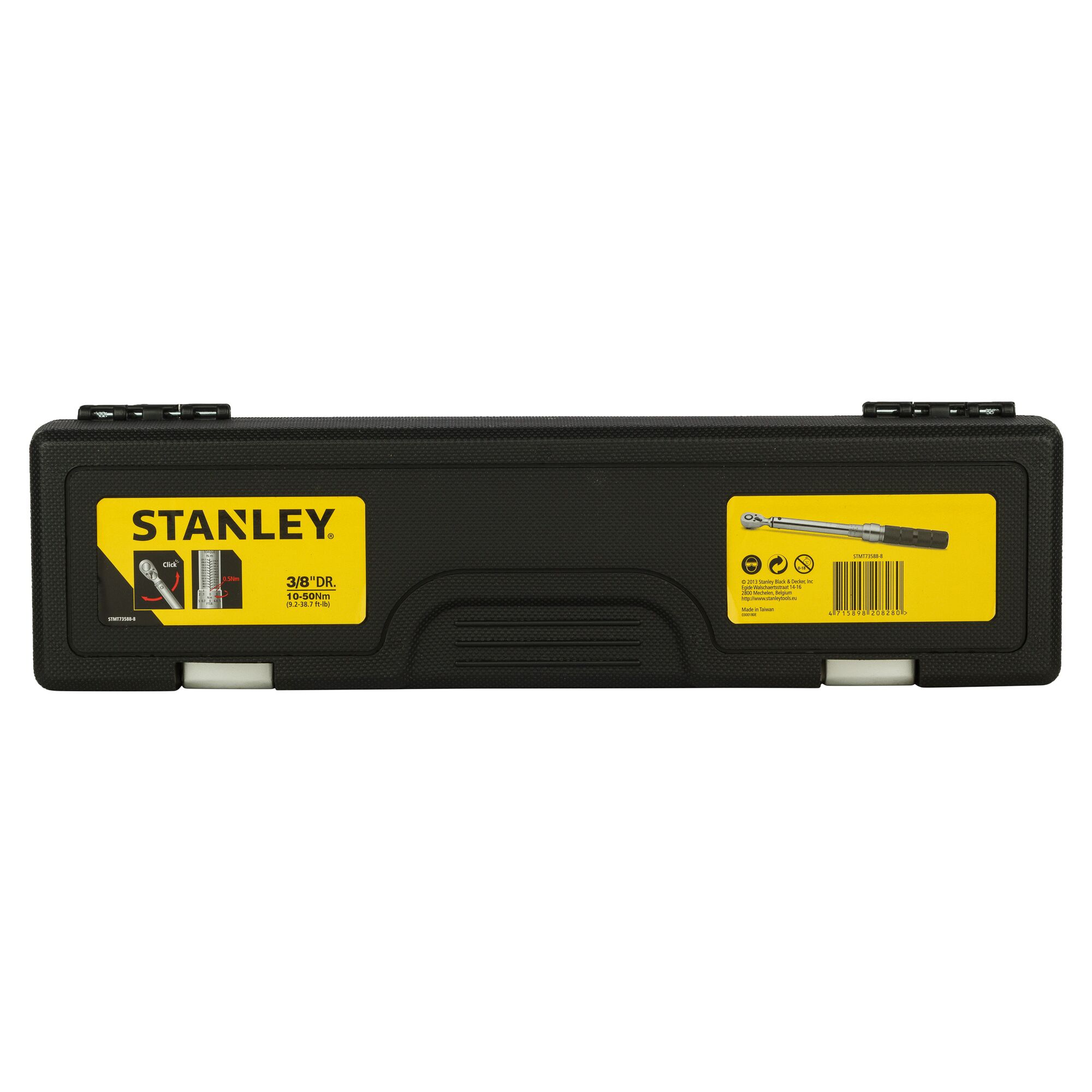 Photo of STANLEY STMT73588-8 black hard plastic tool case with yellow label, product shown from front on white background.