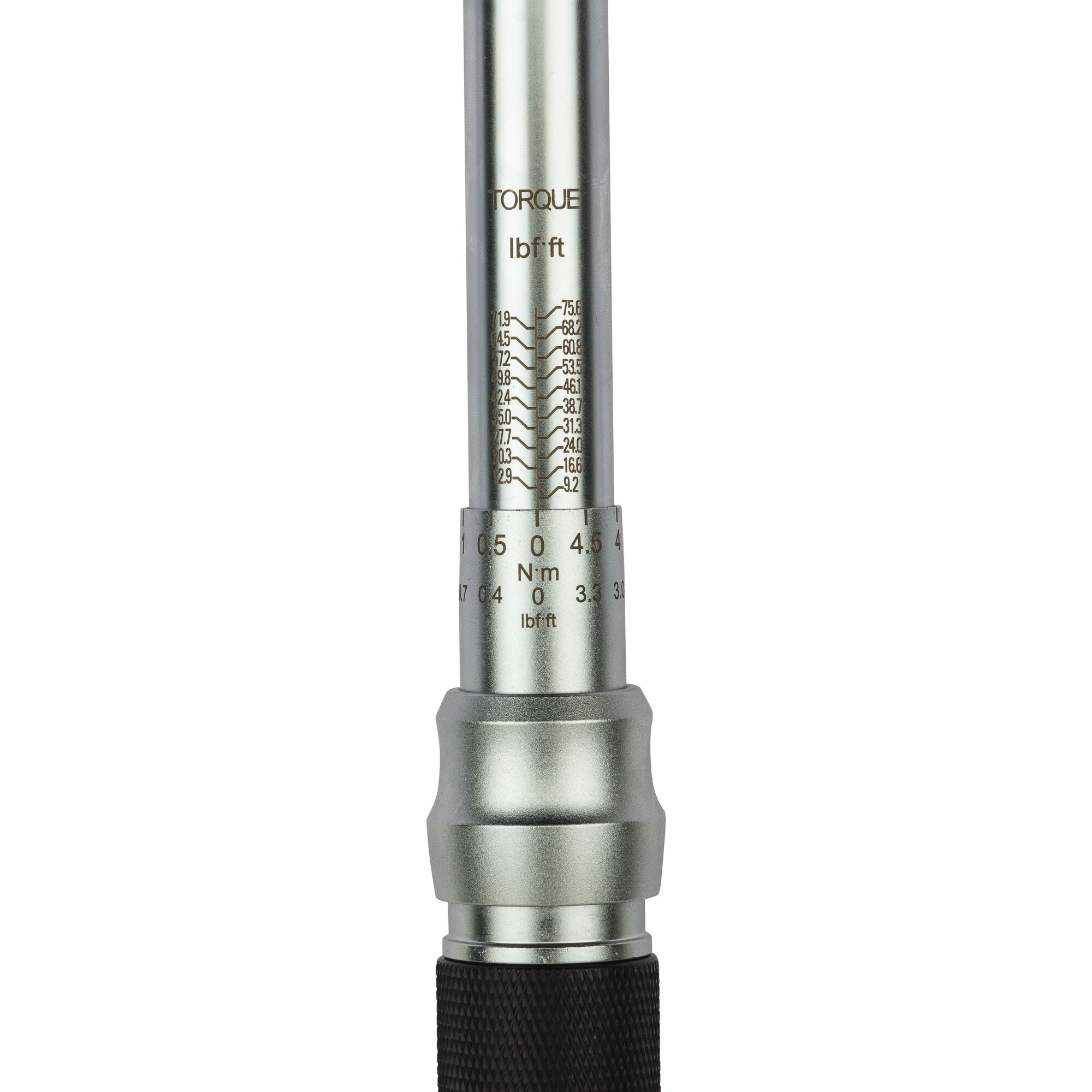 Photo of STANLEY STMT73589-8 torque wrench handle close-up showing measurement scale, on white background.