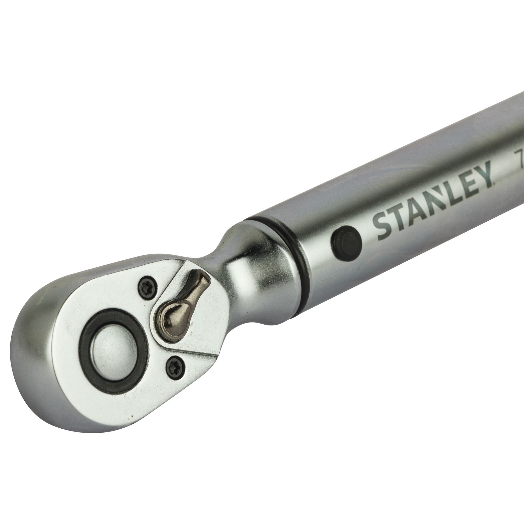 Photo of STANLEY STMT73589-8 ratchet wrench, silver metal, close-up angle on white background.