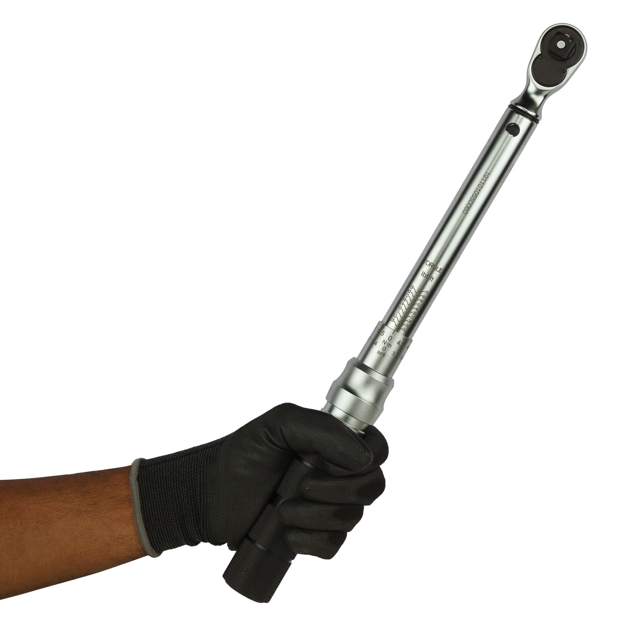 Photo of STANLEY STMT73589-8 torque wrench held by gloved hand, silver finish, side angle.