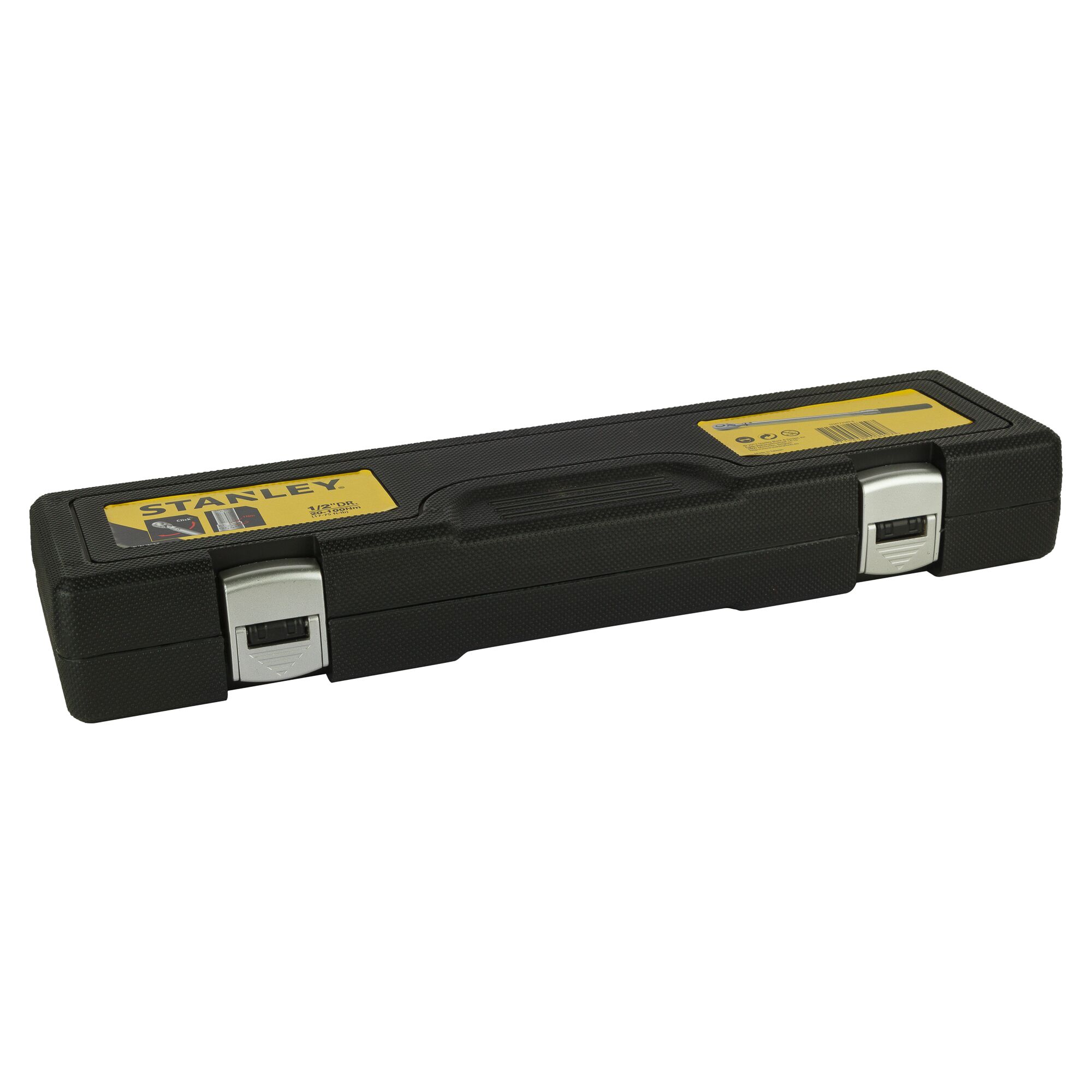 Photo of STANLEY STMT73589-8 black hard tool case with yellow label, closed, angled view.