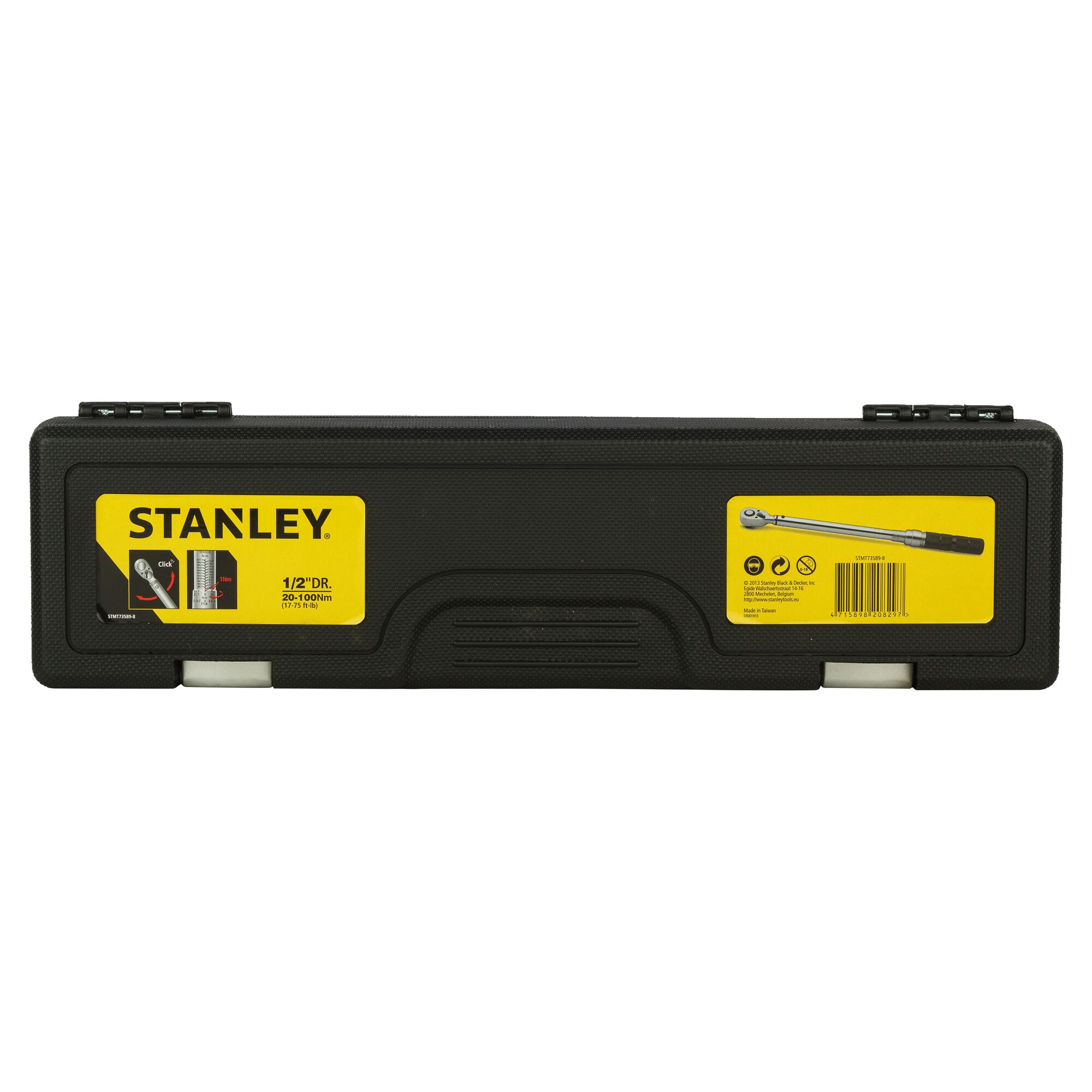 STANLEY STMT73589-8 torque wrench case, black plastic with yellow label, front angle on white background.