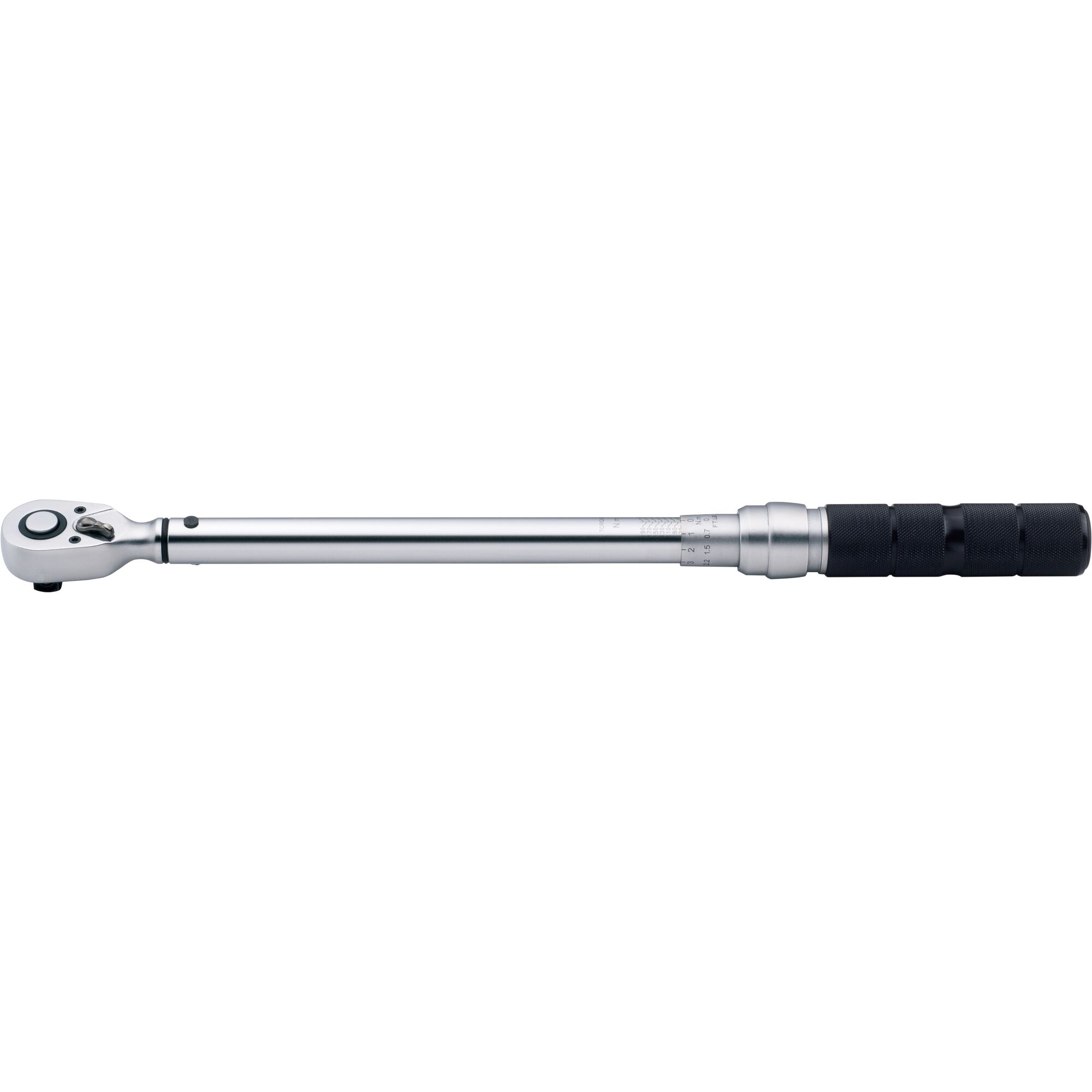 STANLEY STMT73590-8 torque wrench with black grip, chrome finish, side view on white background.