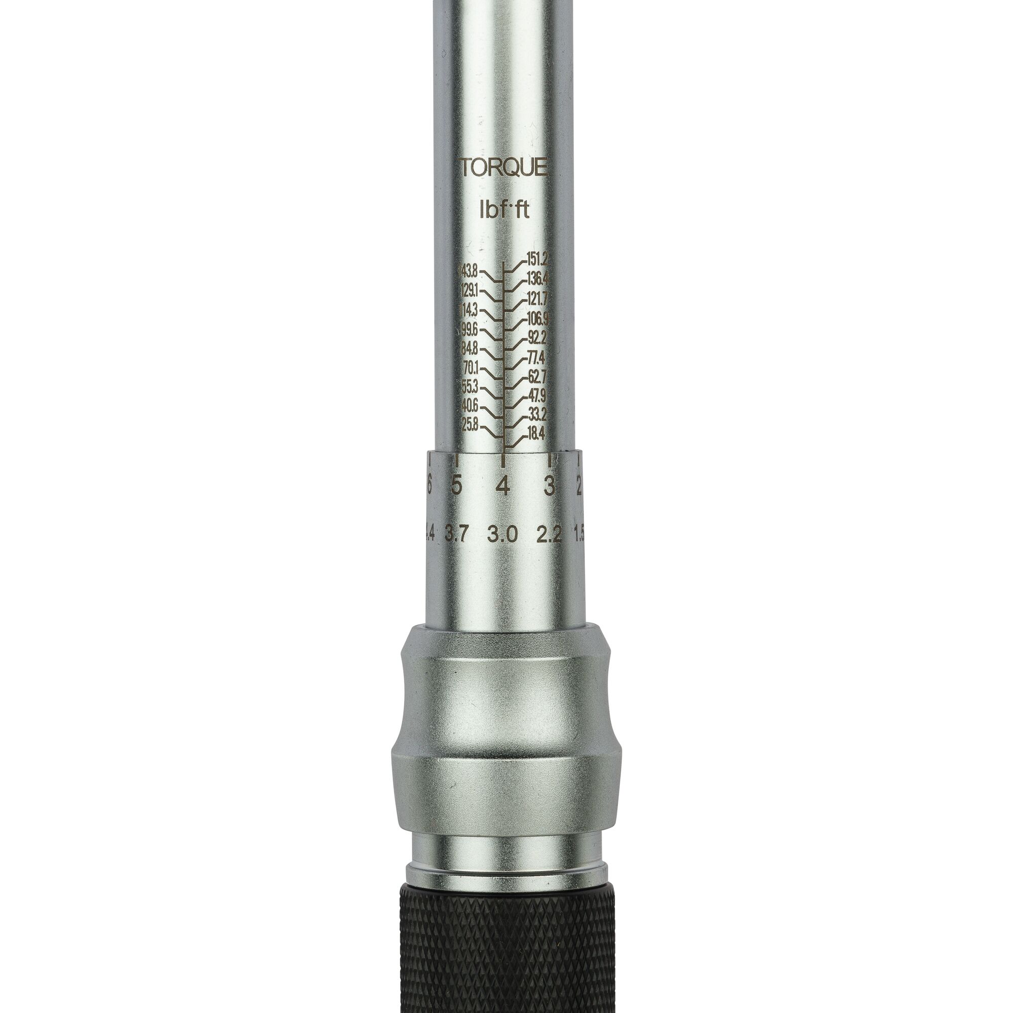 STANLEY STMT73590-8 torque wrench close-up with adjustable scale, silver and black handle, front view.