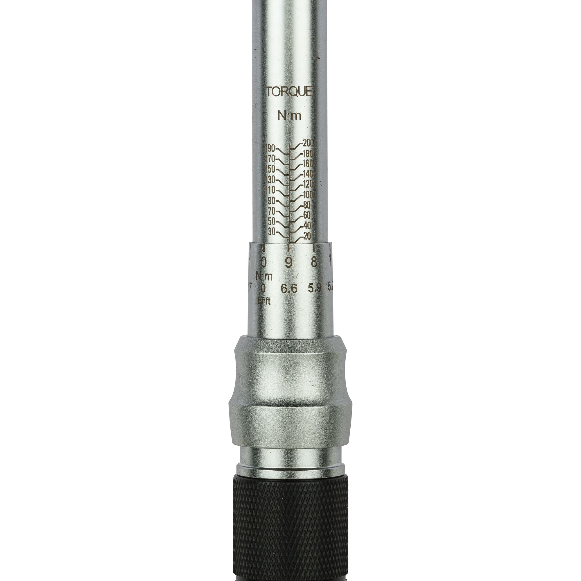 STANLEY STMT73590-8 torque wrench, close-up front angle showing measurement scale, silver metal finish.
