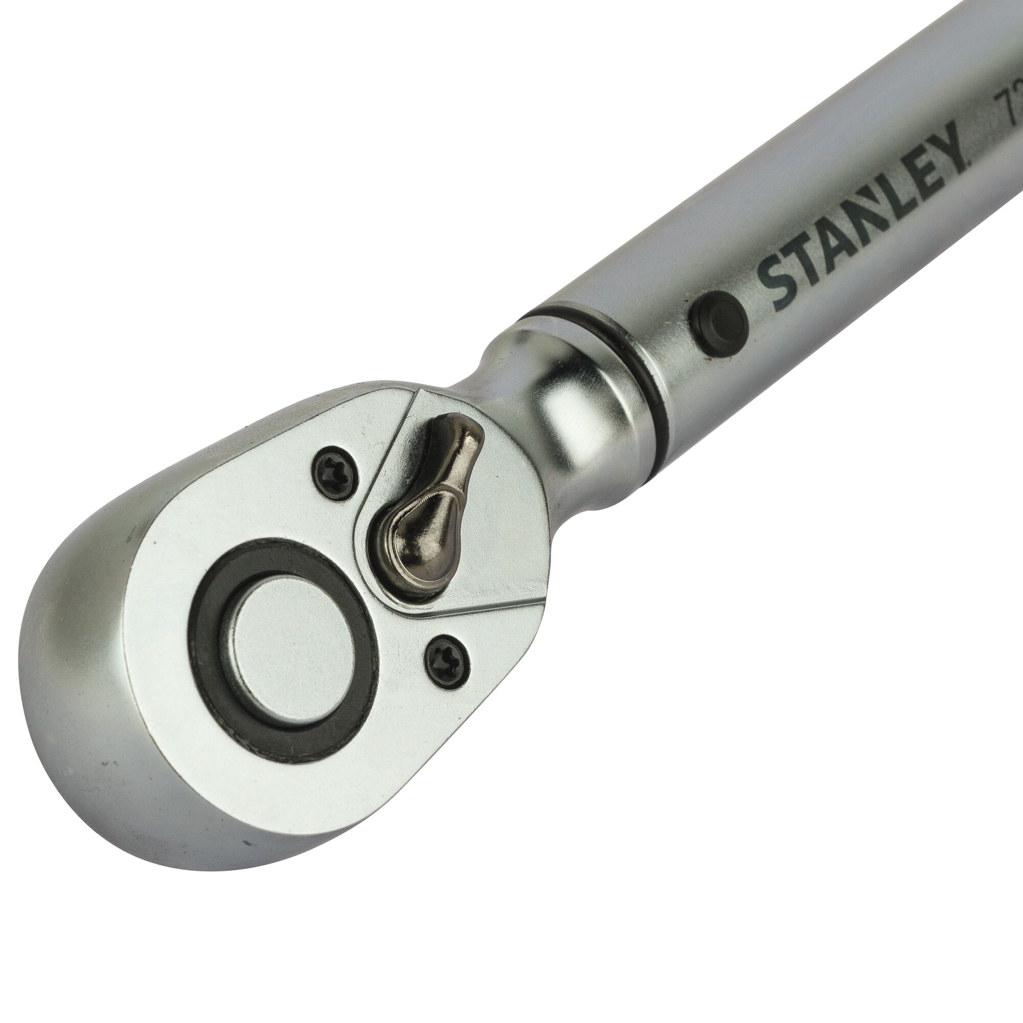 STANLEY STMT73590-8 ratchet wrench close-up, silver metal, white background, tool photography.