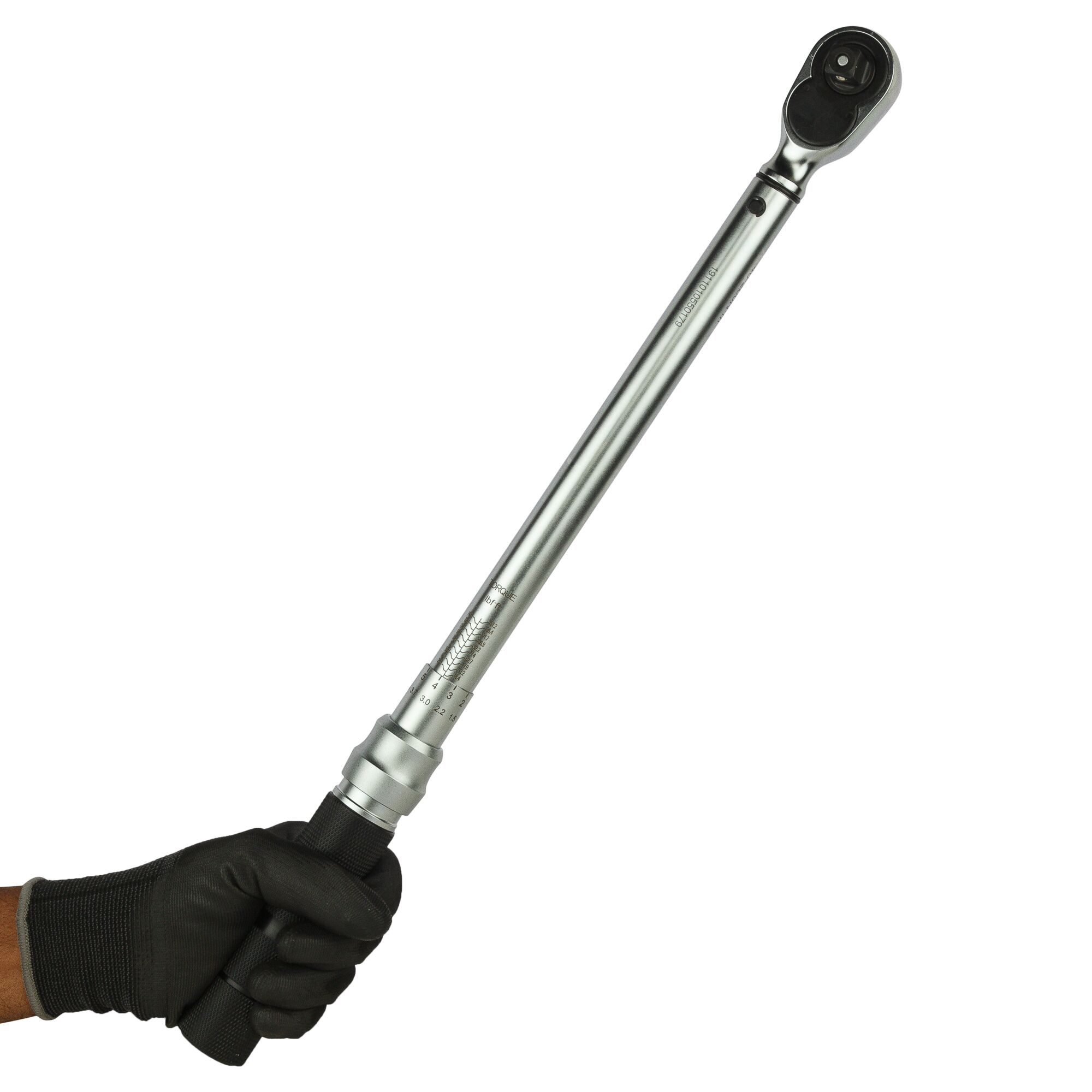 STANLEY STMT73590-8 torque wrench held in gloved hand, metal finish, side angle, tool category.