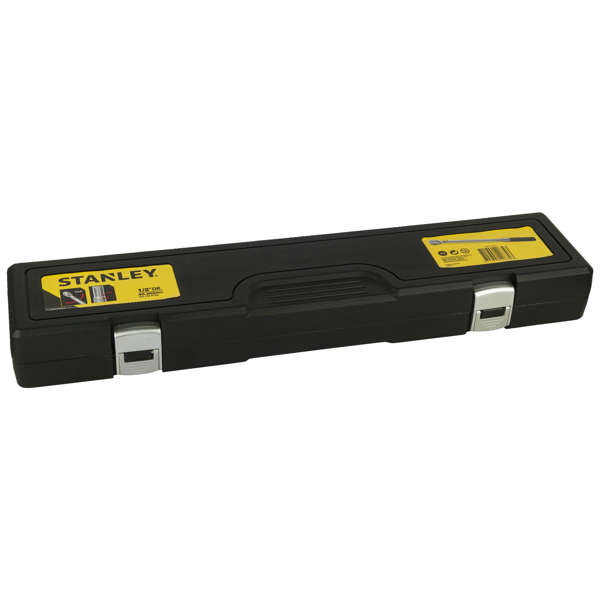 Stanley STMT73590-8 black hard plastic tool case with yellow labels, photography, front angle.