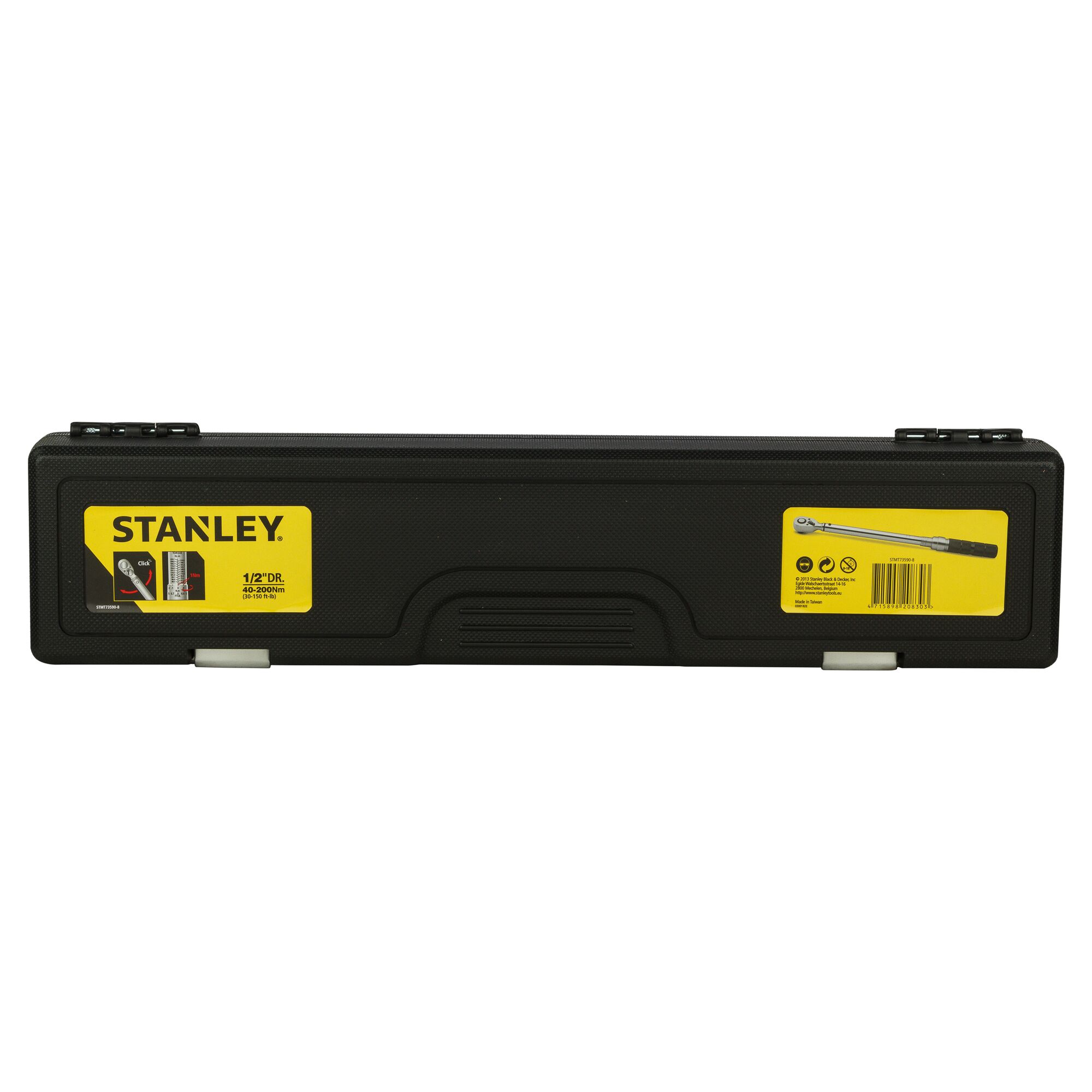 Photo of STANLEY STMT73590-8 black plastic torque wrench case, rectangular with yellow brand label, front angle.