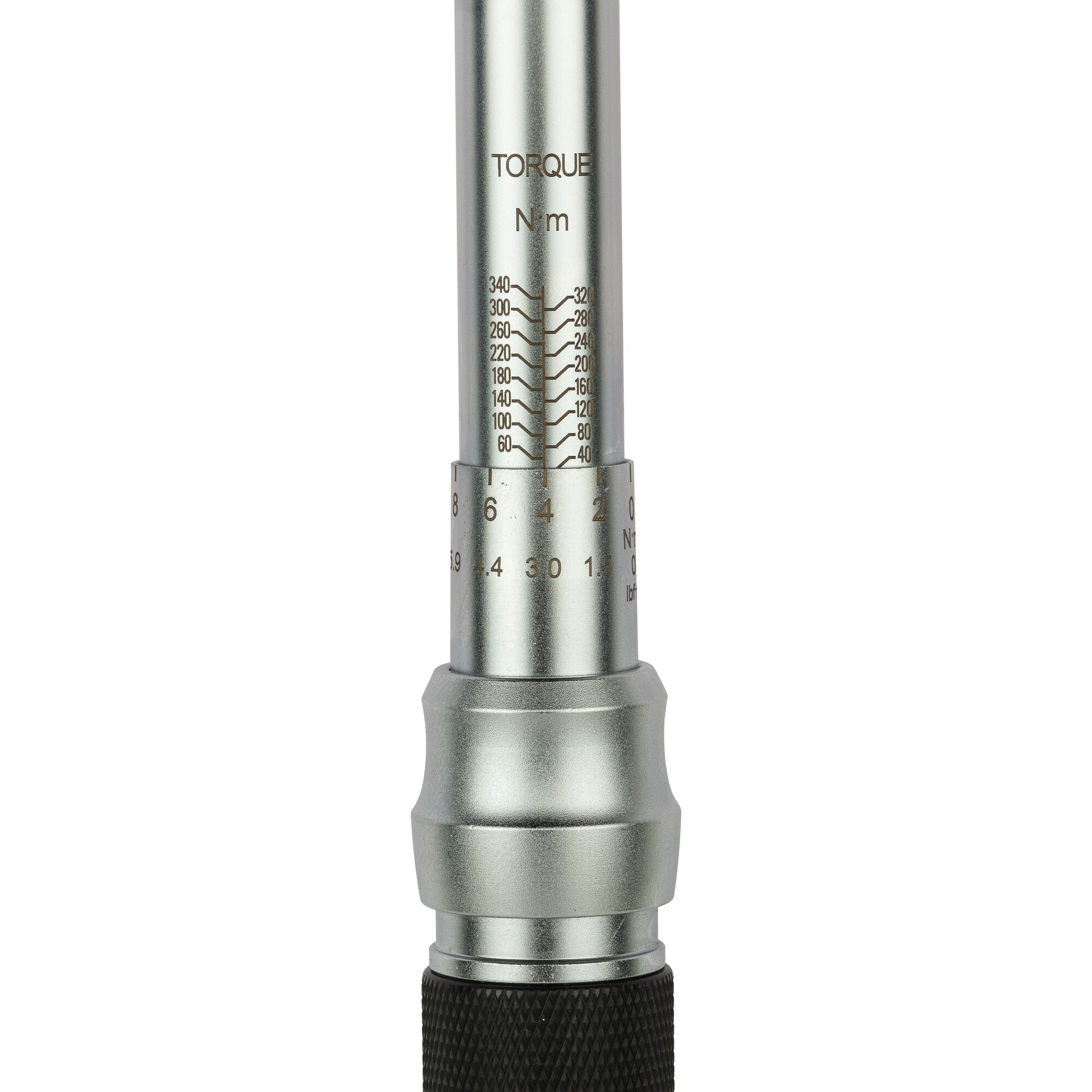 STANLEY STMT73591-8 torque wrench close-up, silver metal body, visible Nm scale, product photographed on white background.