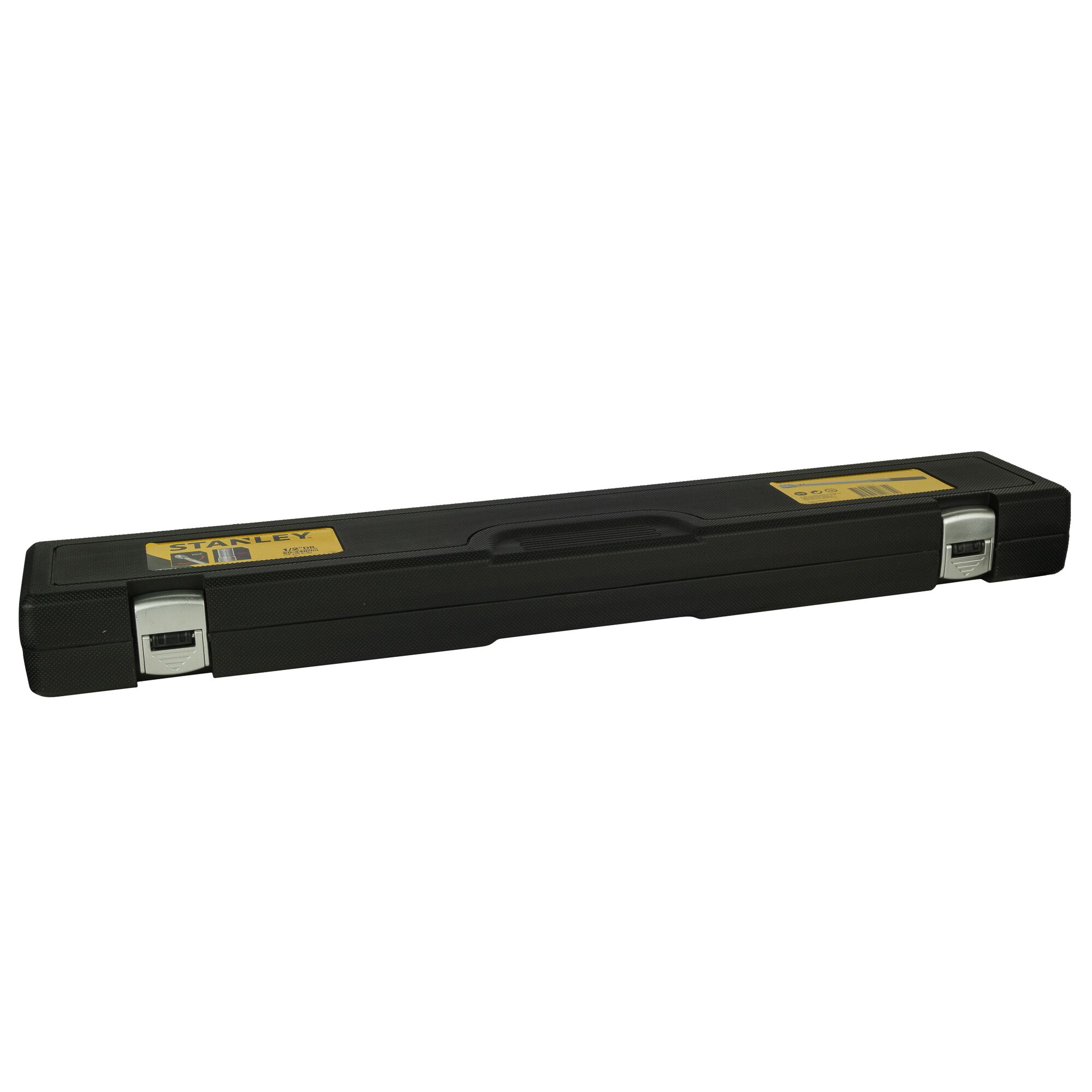 Photo of STANLEY STMT73591-8 black plastic tool case with metal latches, photography, angled on white background.