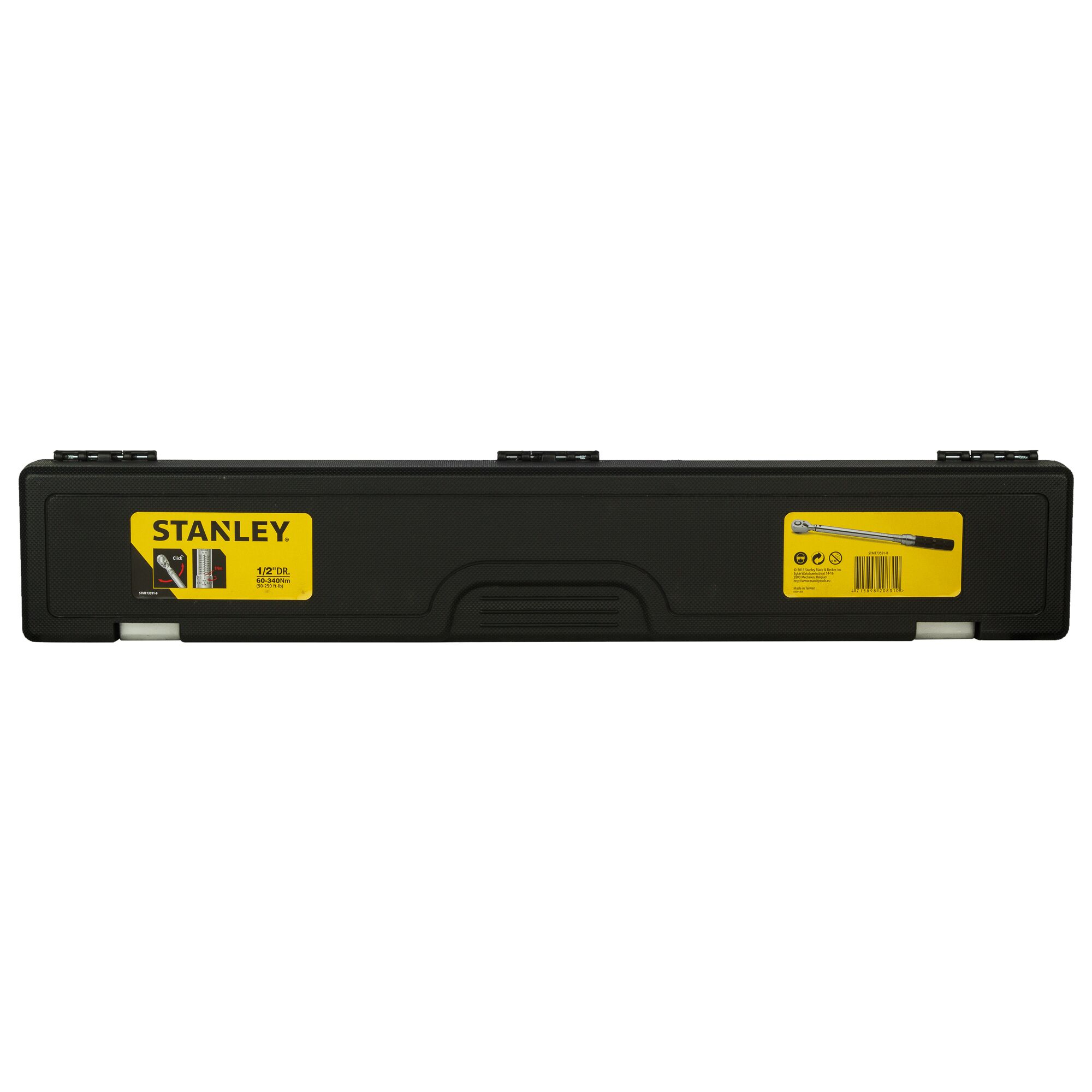 Photo of STANLEY STMT73591-8 black rectangular tool case, front view, with yellow label.