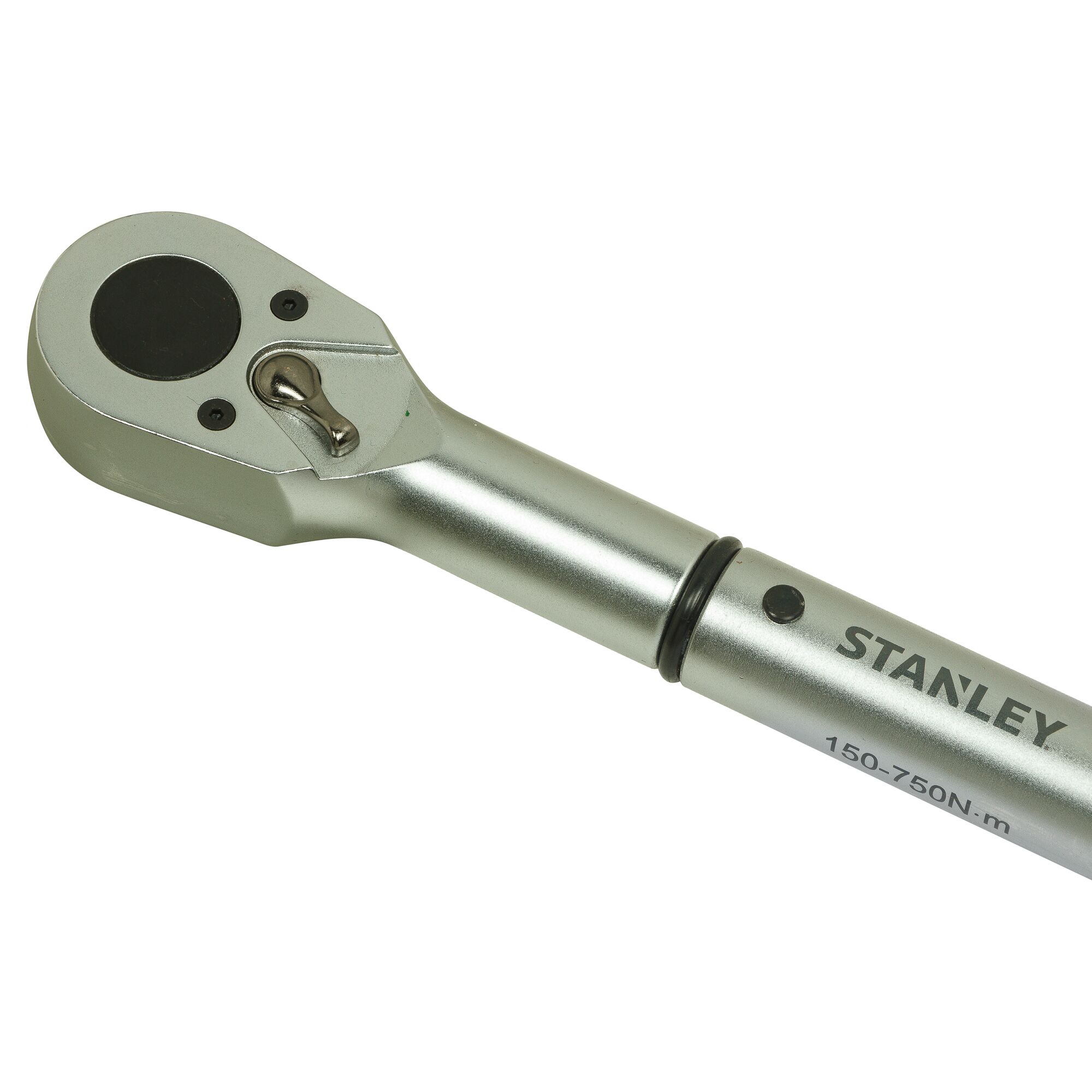 STANLEY STMT73592-8 torque wrench in silver, close-up showing ratchet head and engraved range marking.