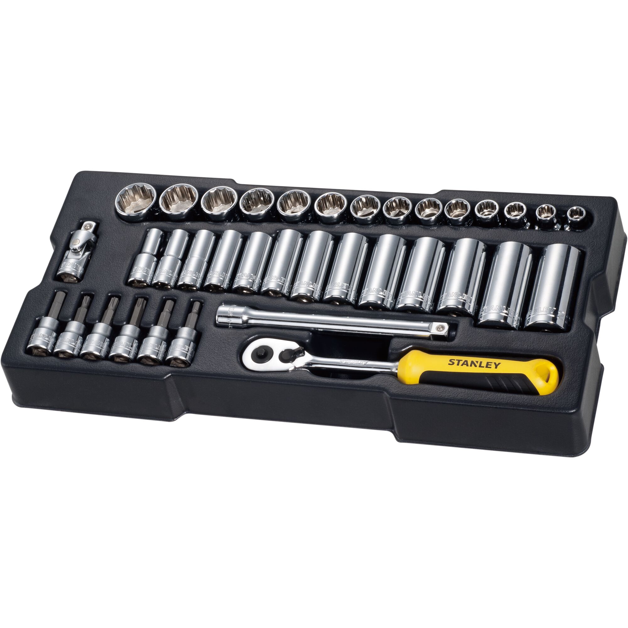 STANLEY STMT74174-8 socket wrench set with chrome sockets and yellow handle ratchet in black plastic tray, top view.