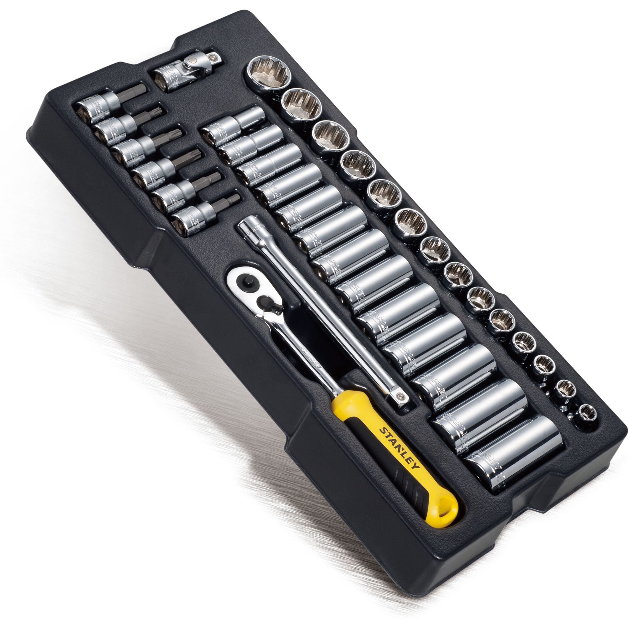 STANLEY STMT74174-8 socket set with ratchet and accessories in black tray, angled top view