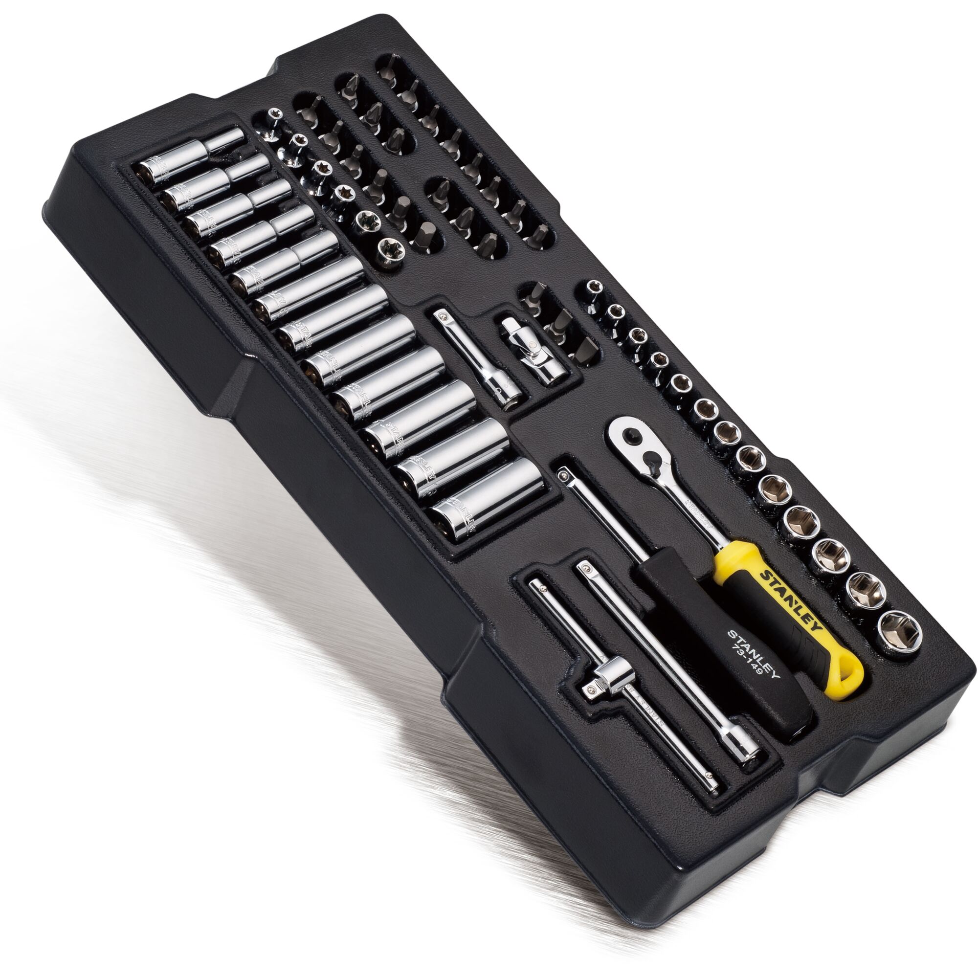 STANLEY STMT74175-8 socket and ratchet set in black tray, multiple chrome sockets, ratchet, handle, angled view.
