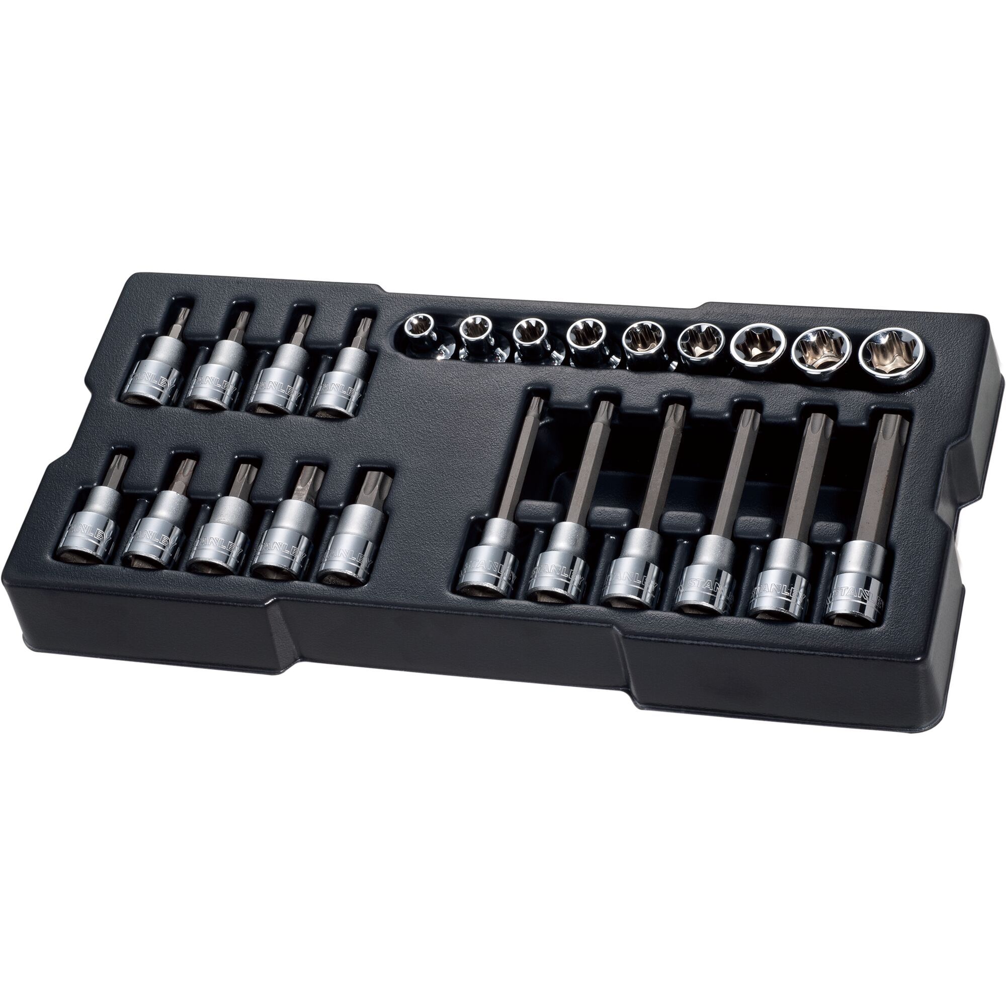 STANLEY STMT74176-8 socket and bit set in black tray, top view, with multiple chrome sockets and hex bits organized in slots.