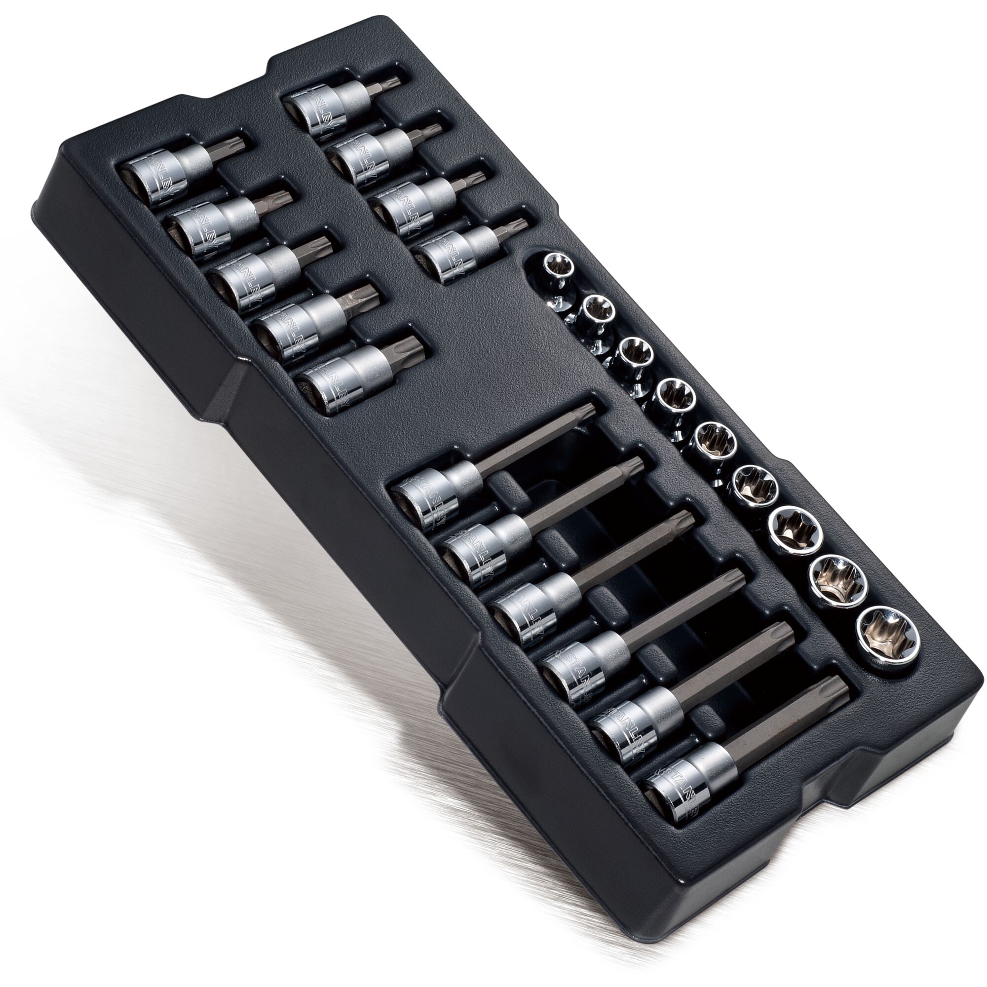 STANLEY STMT74176-8 socket and bit set in black tray, showing multiple chrome sockets and bits from angled top view.