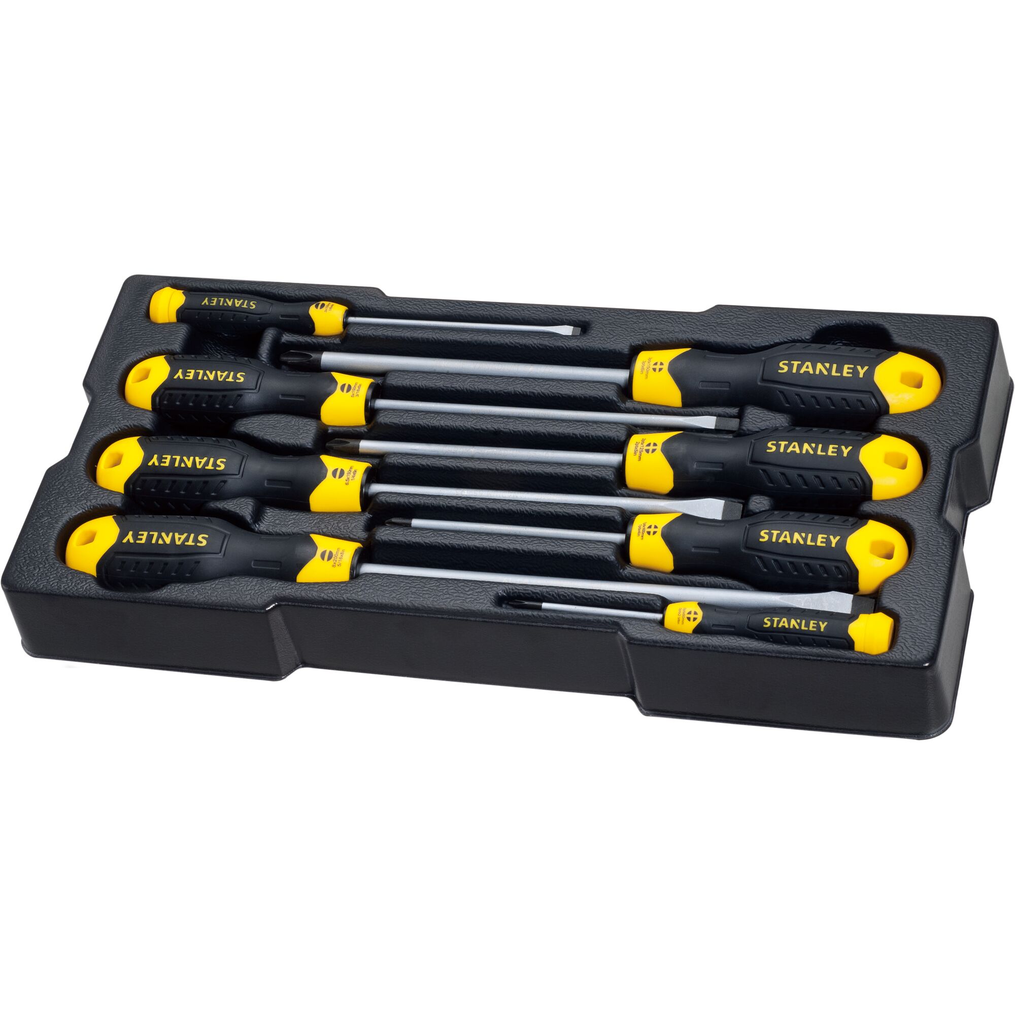STANLEY STMT74181-8 screwdriver set with yellow and black handles in black tray, top angle photo.