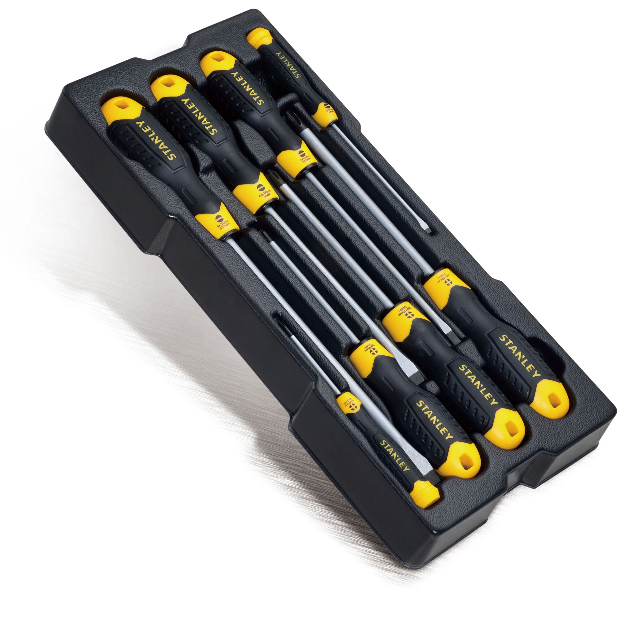 STANLEY STMT74181-8 screwdriver set in black and yellow handles, six pieces in tray, angled top view.