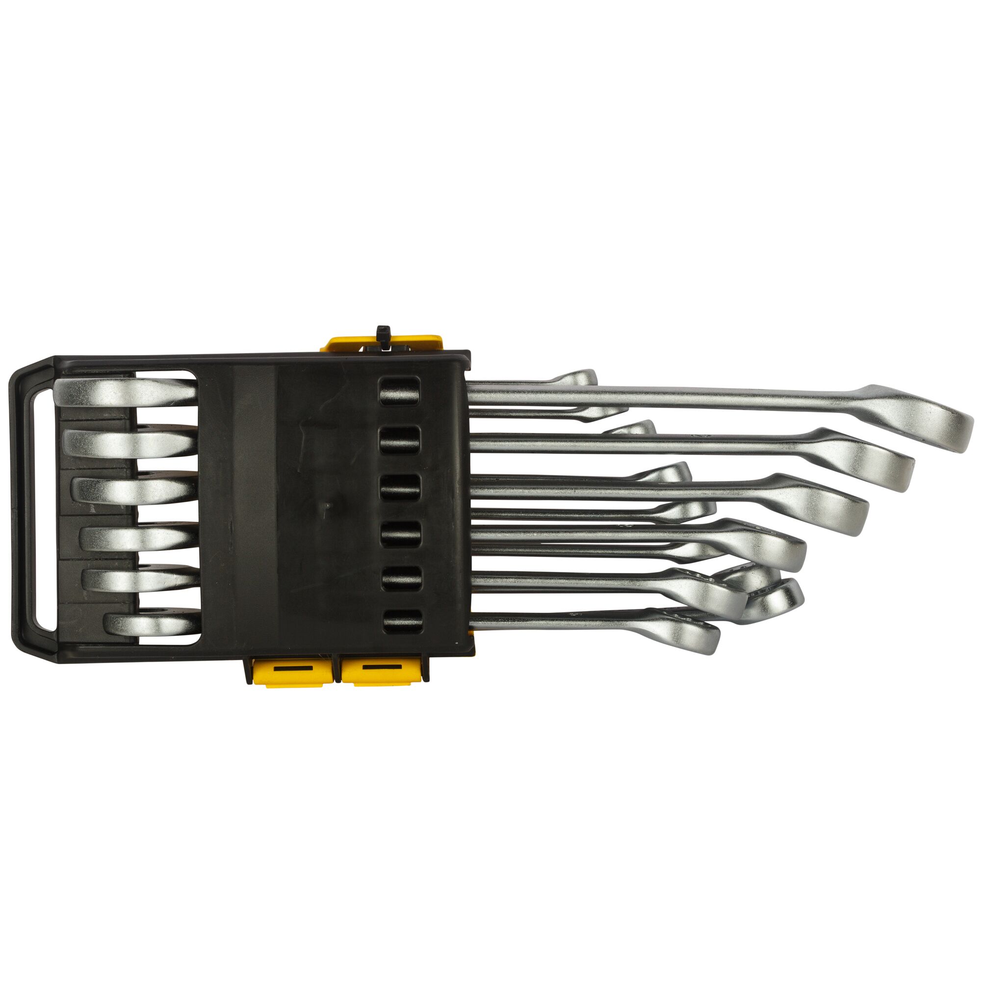 STANLEY STMT78092-8 combination wrench set in black plastic holder, top view, photography of eight silver wrenches organized.
