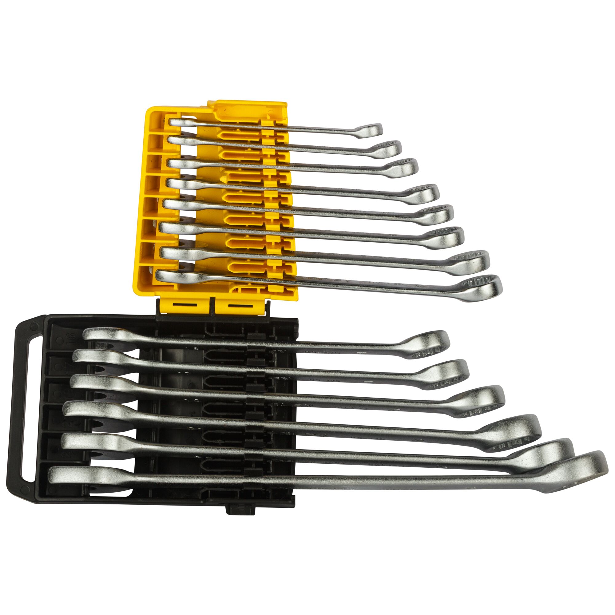 STANLEY STMT78092-8 combination wrench set in yellow and black plastic holder, top angle photo.