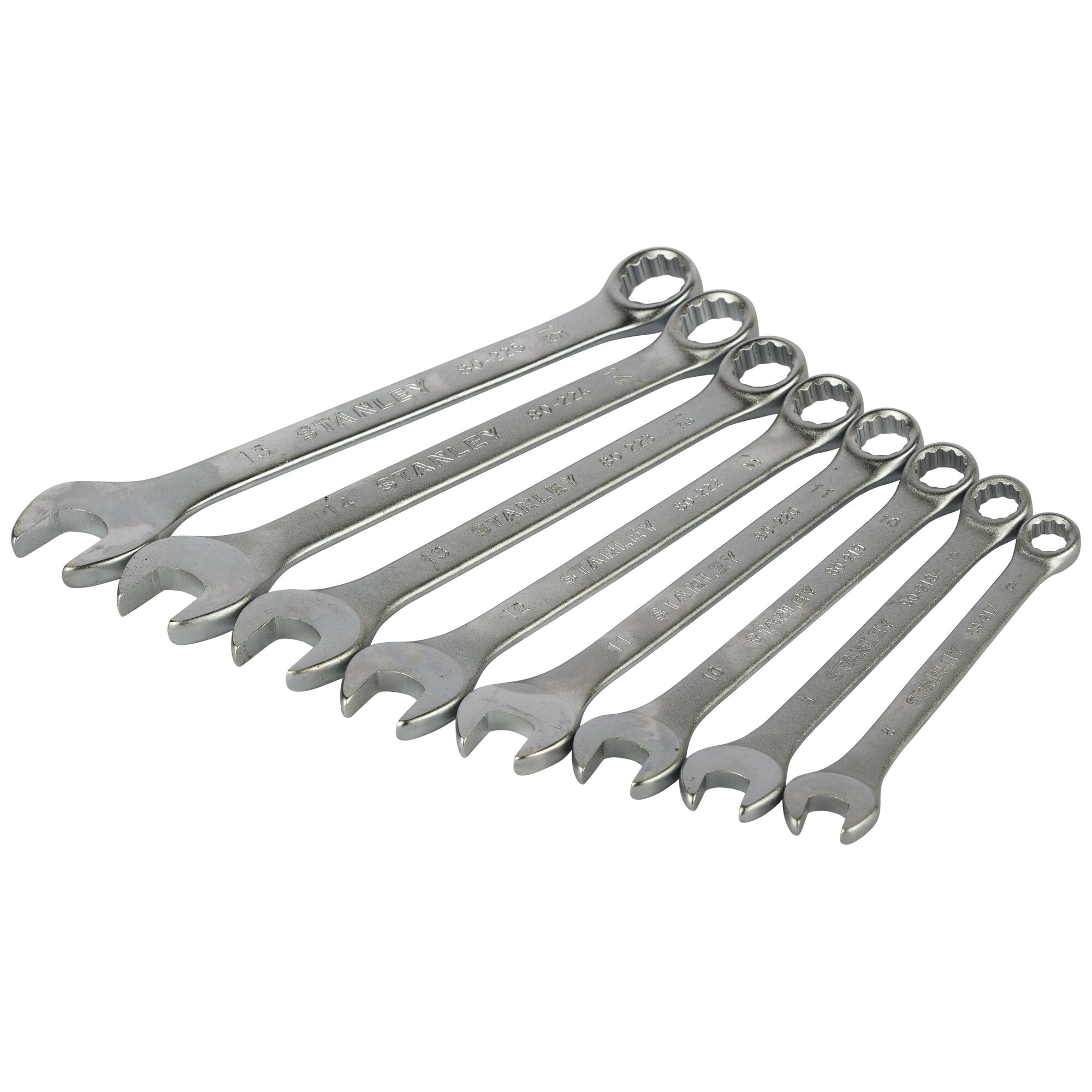 STANLEY STMT78092-8 set of seven silver combination wrenches, angled view on white background.