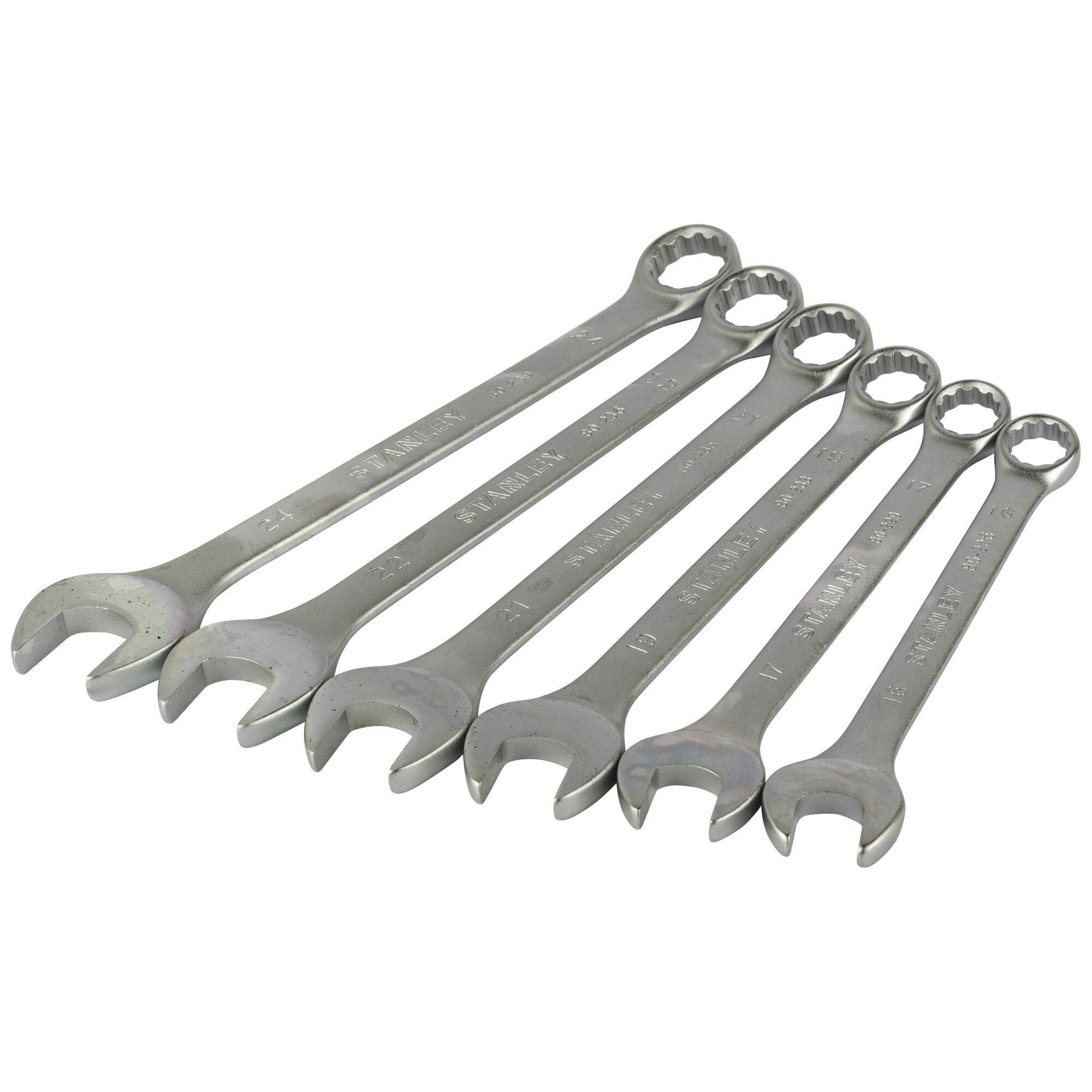 STANLEY STMT78092-8 combination spanner set, six silver wrenches, product photography, angled on white background.