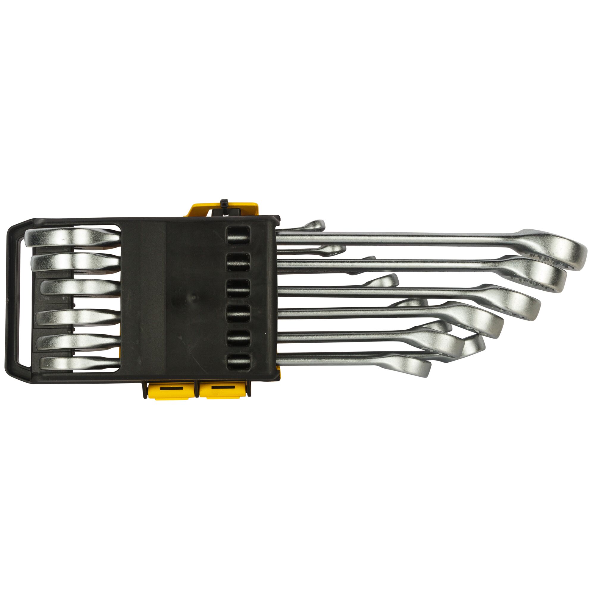 STANLEY STMT78096-8 combination wrench set, 8 pieces, in black and yellow plastic holder, top view.