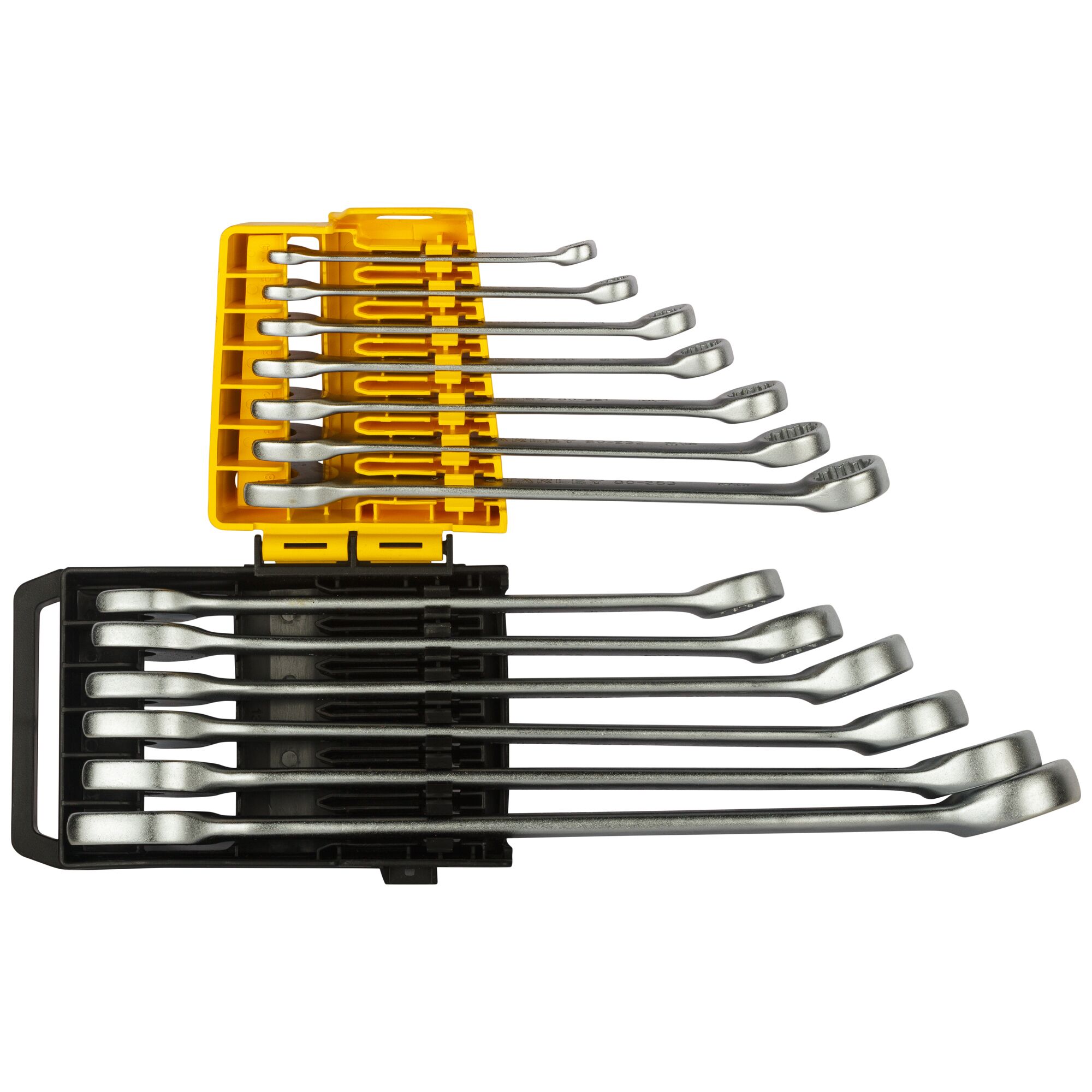 STANLEY STMT78096-8 combination wrench set, silver wrenches in yellow and black plastic case, top view.